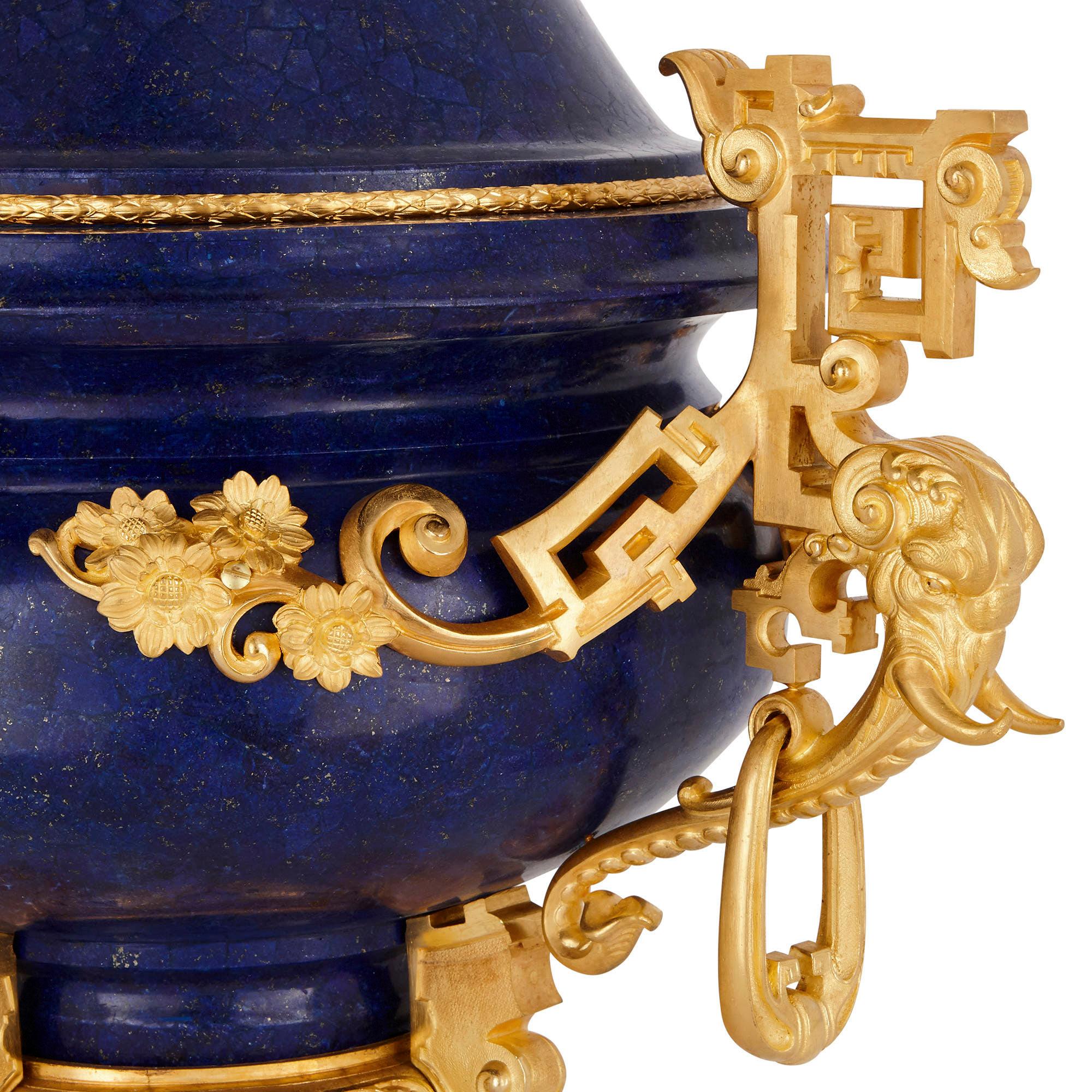 Chinoiserie Chinese Style Lapis Lazuli Gemstone and Gilt Bronze Vase