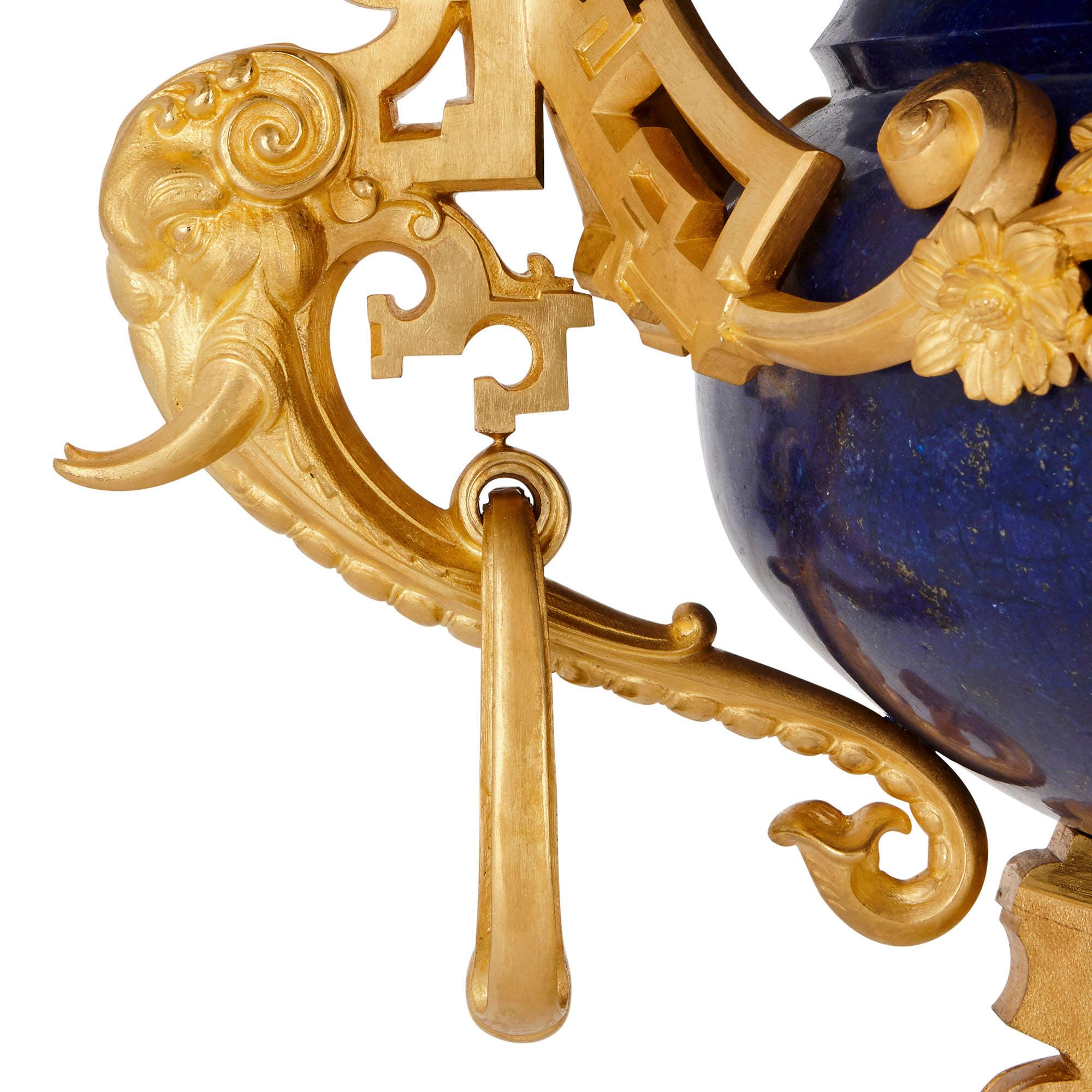 French Chinese Style Lapis Lazuli Gemstone and Gilt Bronze Vase