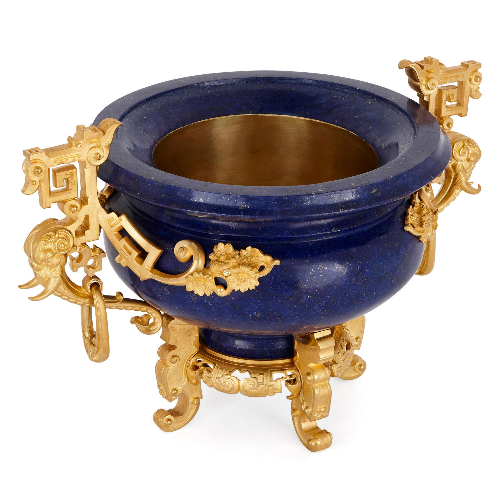 19th Century Chinese Style Lapis Lazuli Gemstone and Gilt Bronze Vase