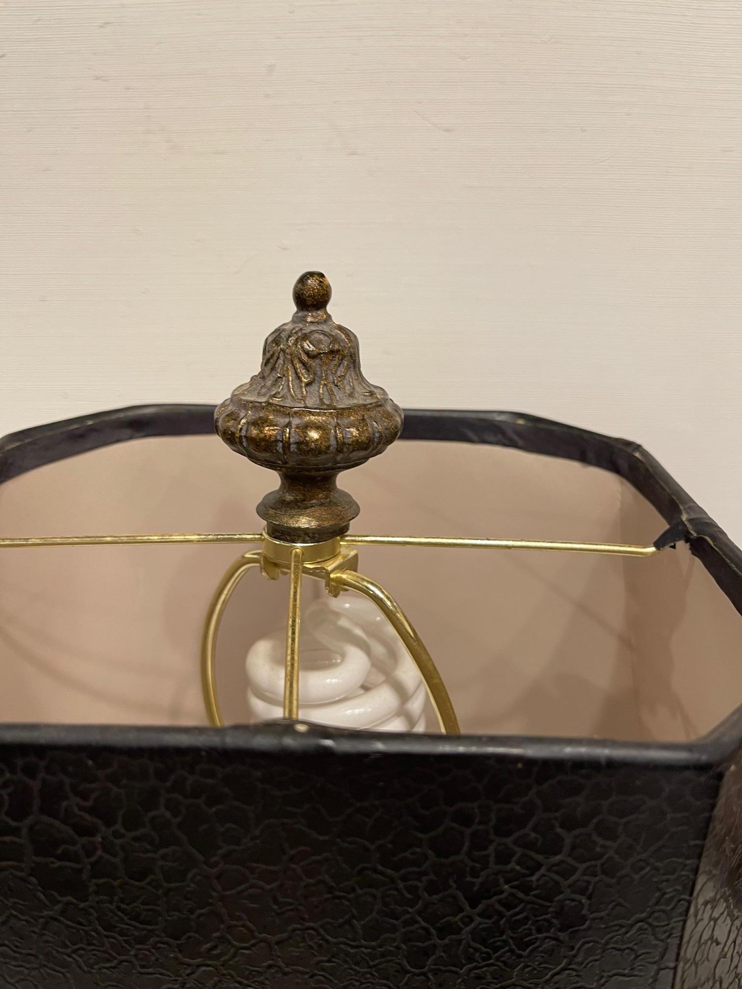 Chinese Style Leather Lamp with a Black Shade, 20th Century In Good Condition In Savannah, GA