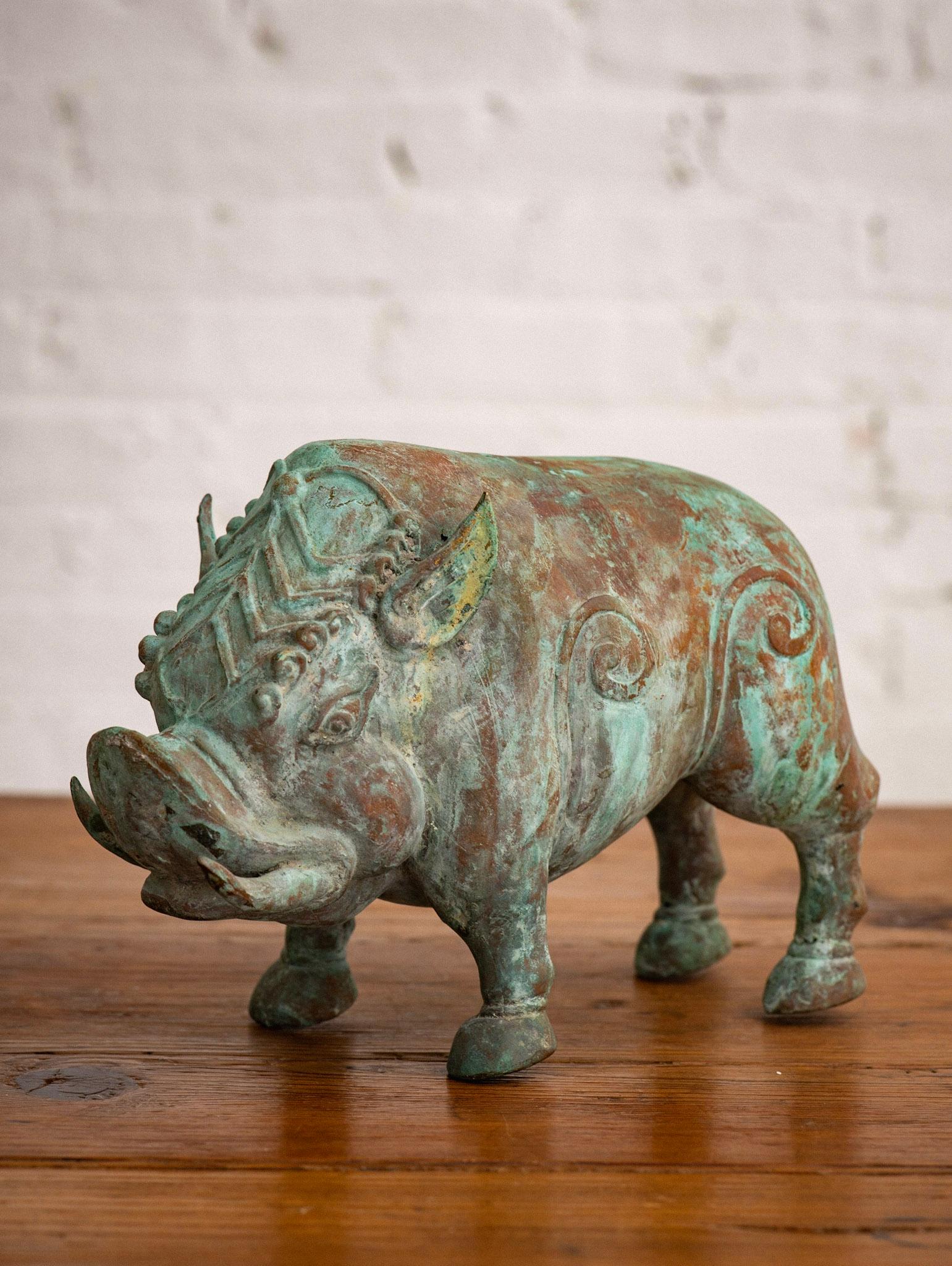 Chinese Style Verdigris Copper Boar Objet D’Art In Good Condition For Sale In Brooklyn, NY