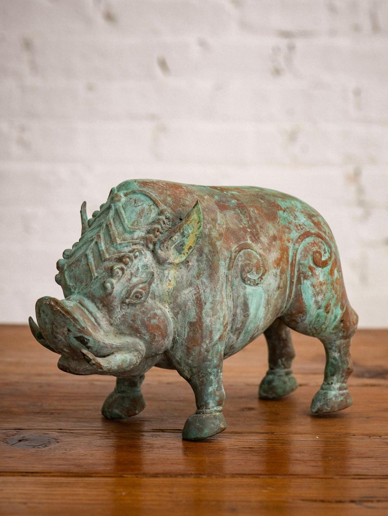 Chinese Style Verdigris Copper Boar Objet D’Art For Sale at 1stDibs