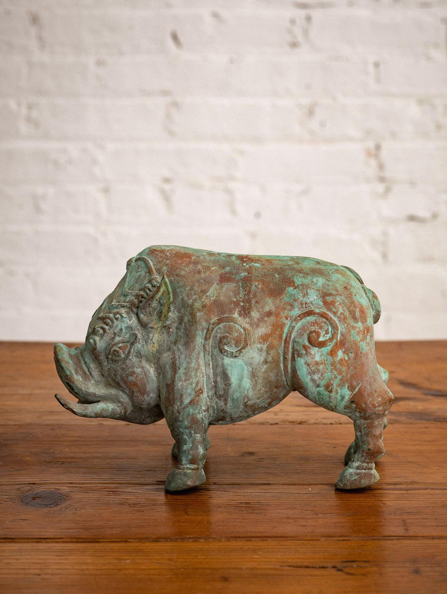 20th Century Chinese Style Verdigris Copper Boar Objet D’Art For Sale