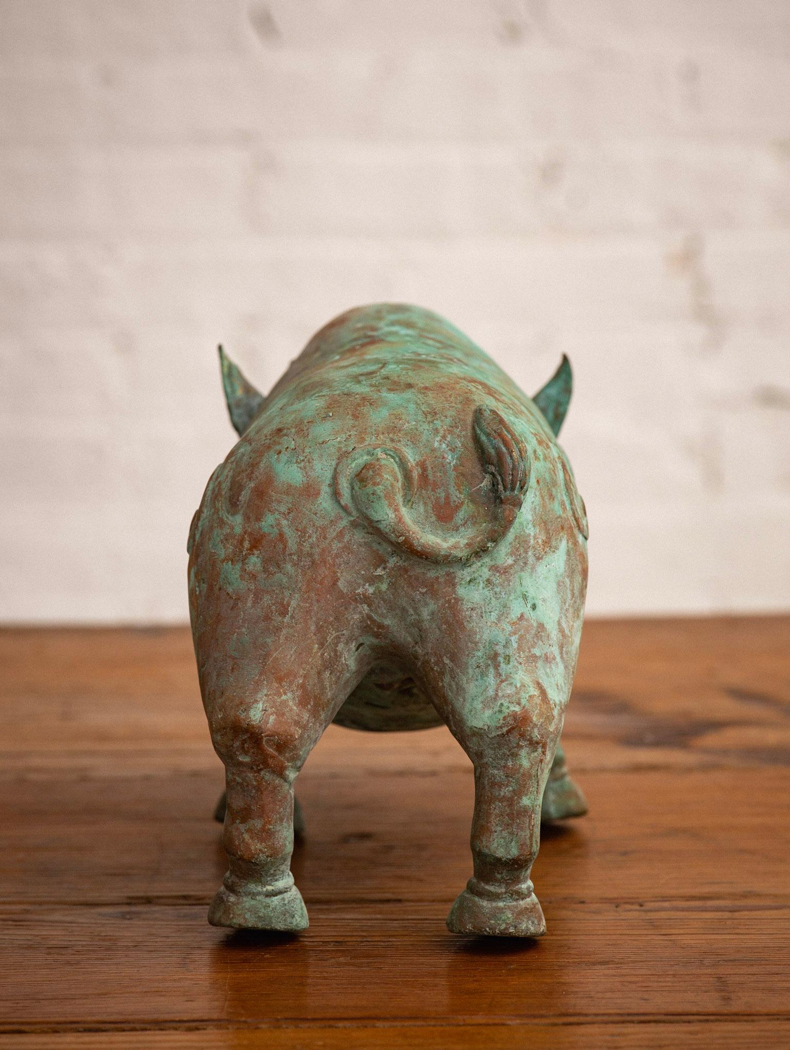 Chinese Style Verdigris Copper Boar Objet D’Art For Sale 1