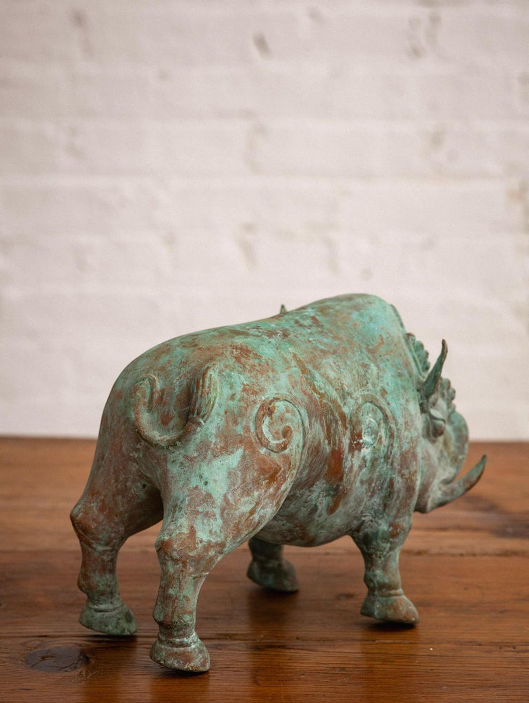 Chinese Style Verdigris Copper Boar Objet D’Art For Sale at 1stDibs