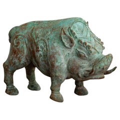 Vintage Chinese Style Verdigris Copper Boar Objet D’Art