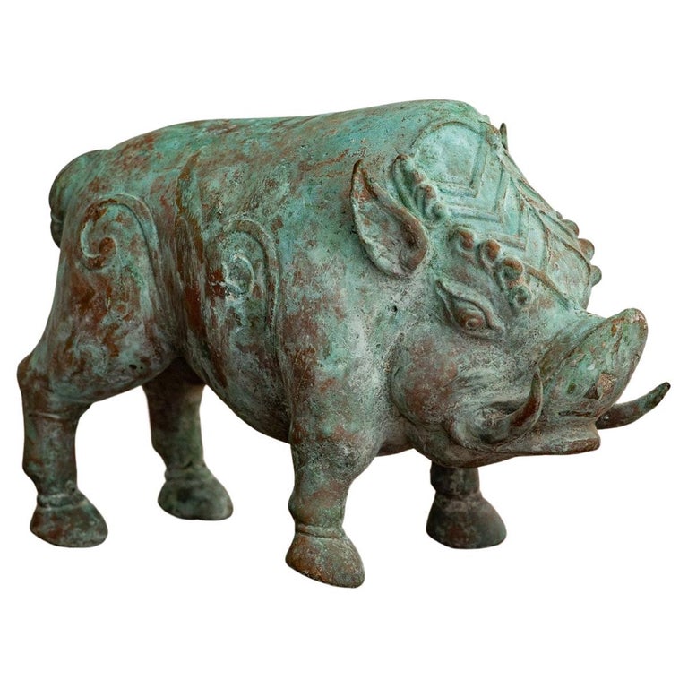 Chinese Style Verdigris Copper Boar Objet D’Art For Sale at 1stDibs