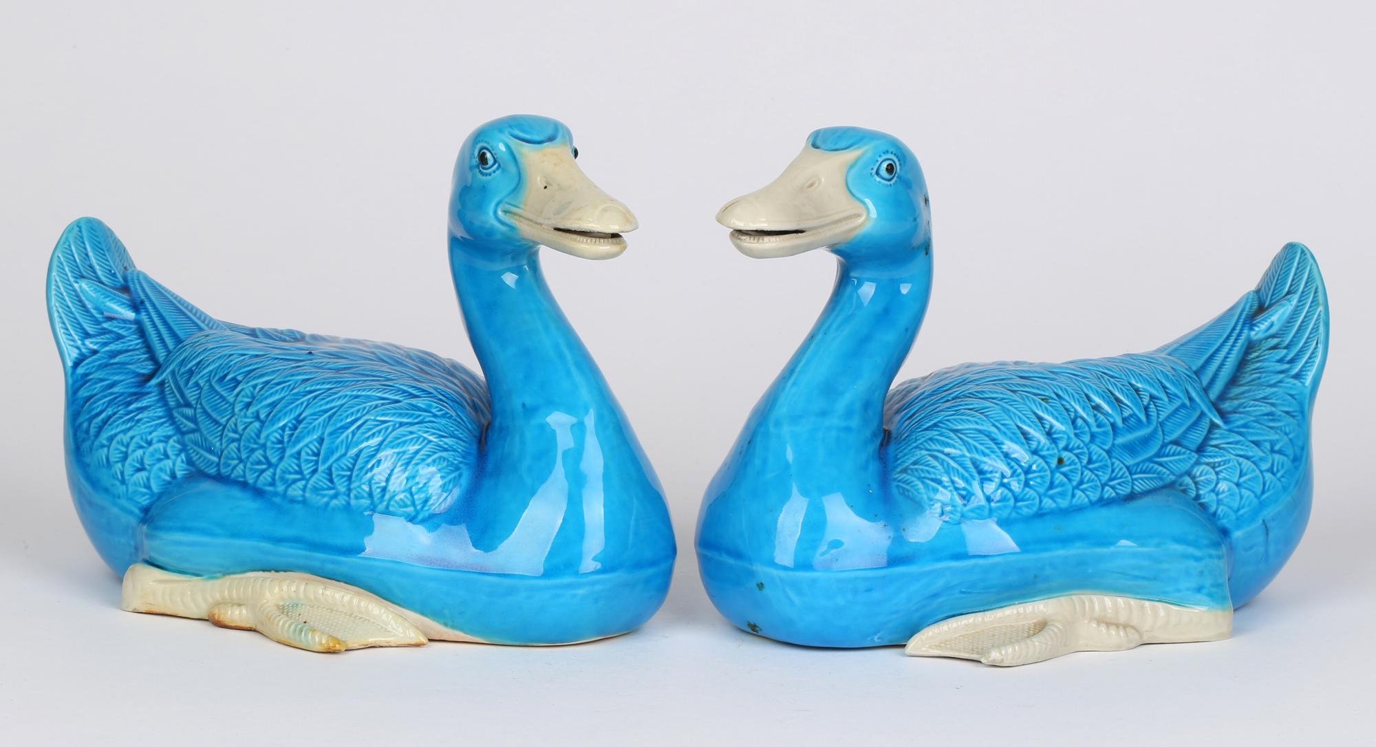 Chinese Stylish Pair Porcelain Turquoise Glazed Ducks 4