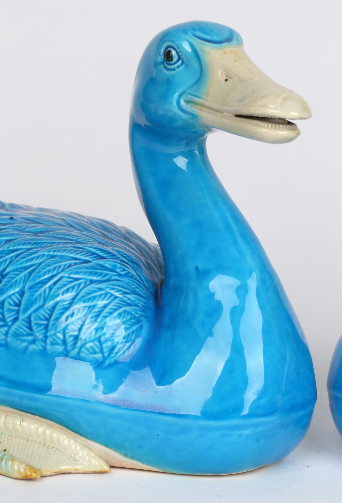 Chinese Stylish Pair Porcelain Turquoise Glazed Ducks 5