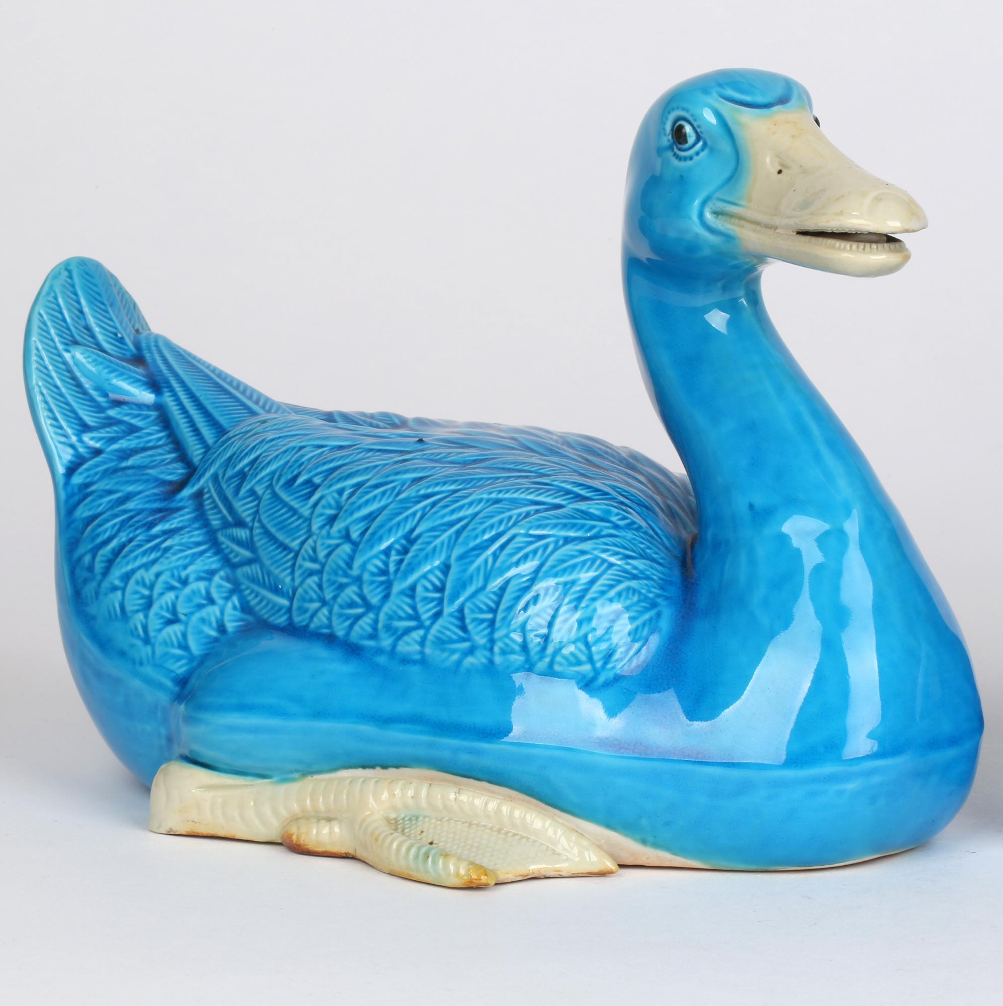 Chinese Stylish Pair Porcelain Turquoise Glazed Ducks 6