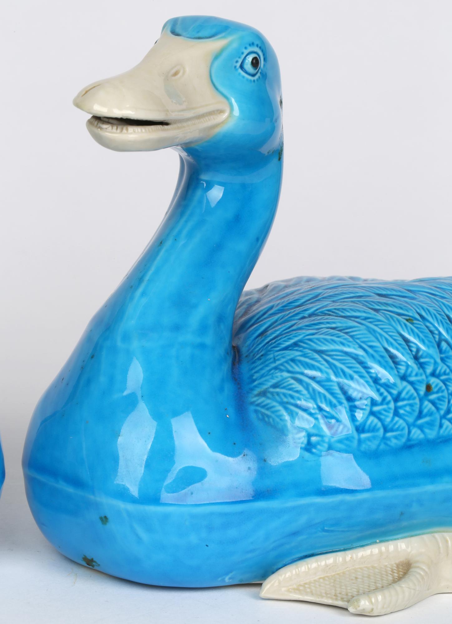 Chinese Stylish Pair Porcelain Turquoise Glazed Ducks 7