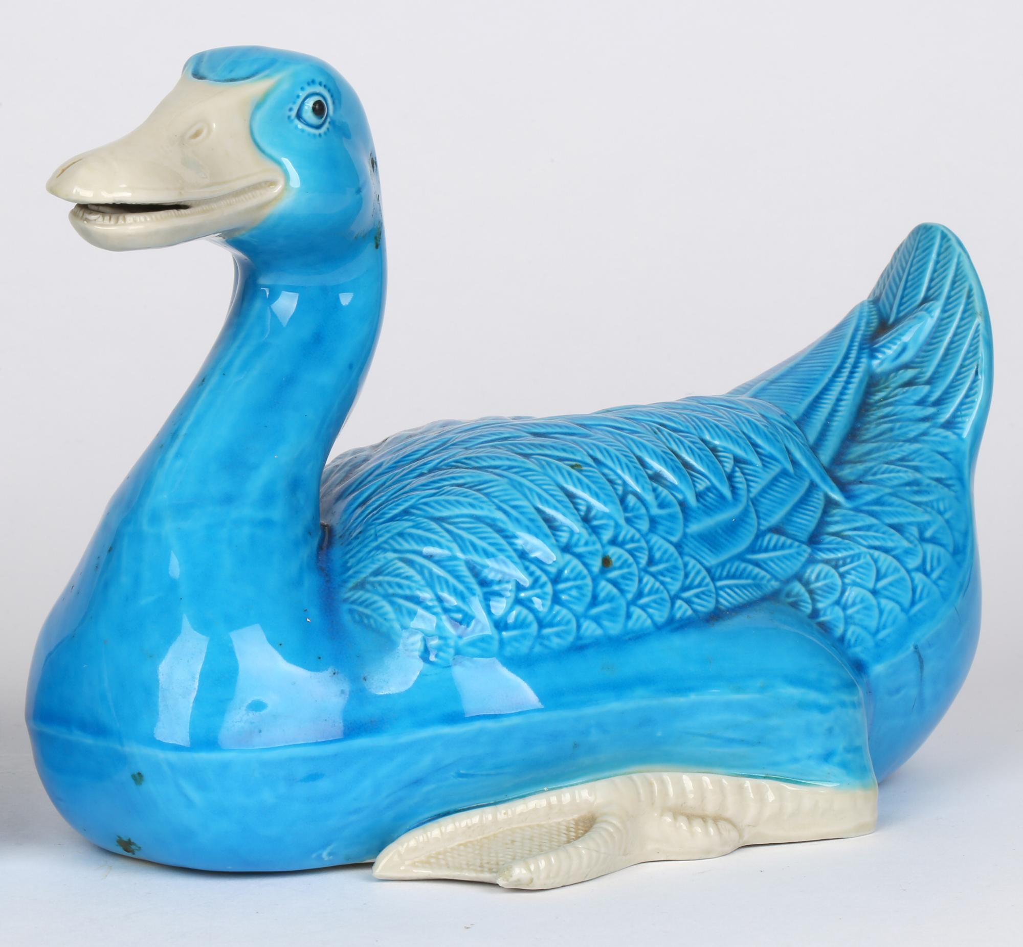 Chinese Stylish Pair Porcelain Turquoise Glazed Ducks 8