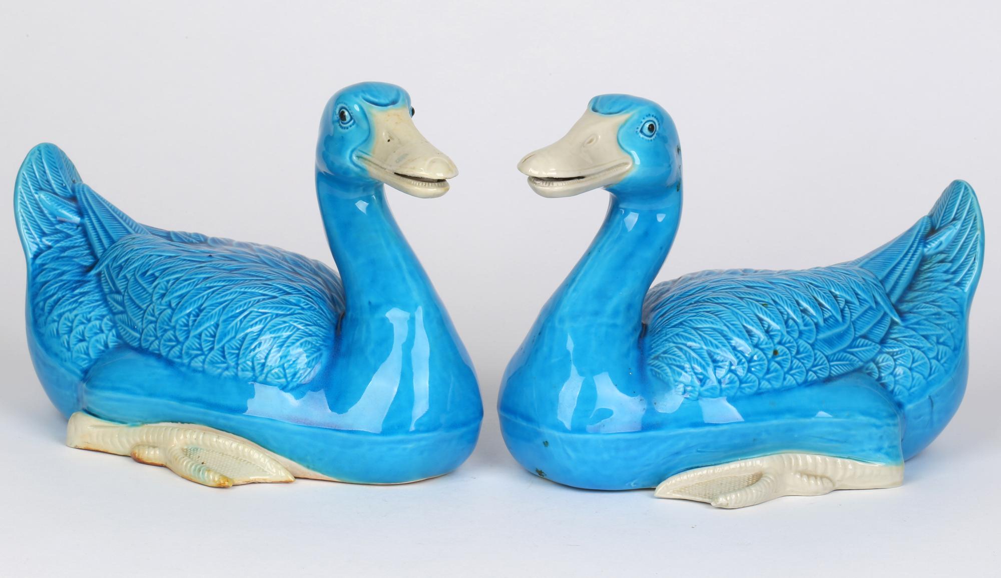 Chinese Stylish Pair Porcelain Turquoise Glazed Ducks 9