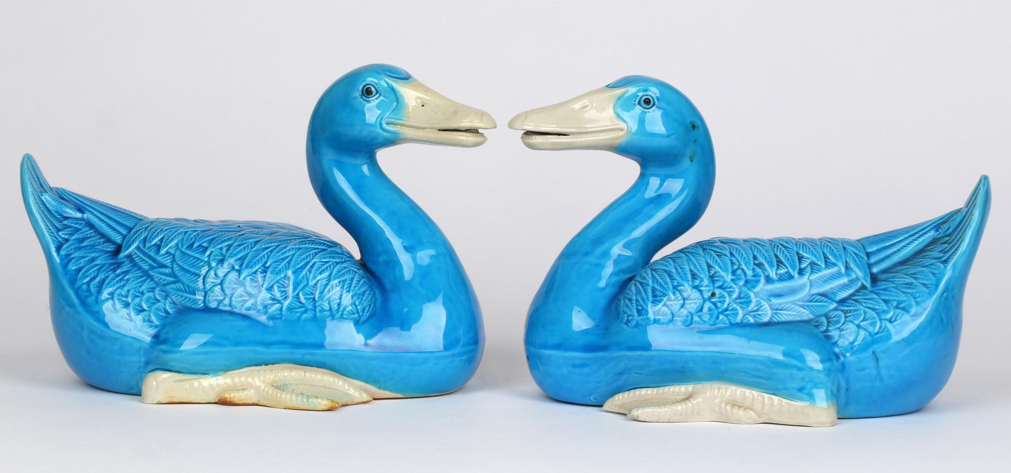 Chinese Stylish Pair Porcelain Turquoise Glazed Ducks 12