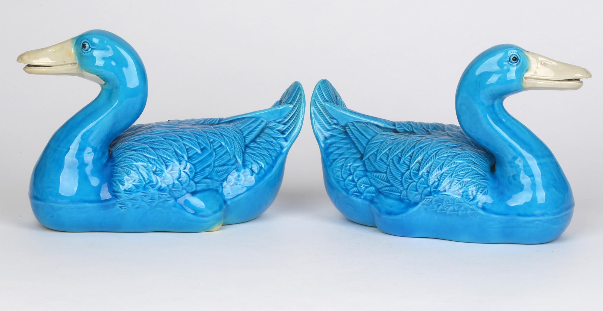 Chinese Export Chinese Stylish Pair Porcelain Turquoise Glazed Ducks