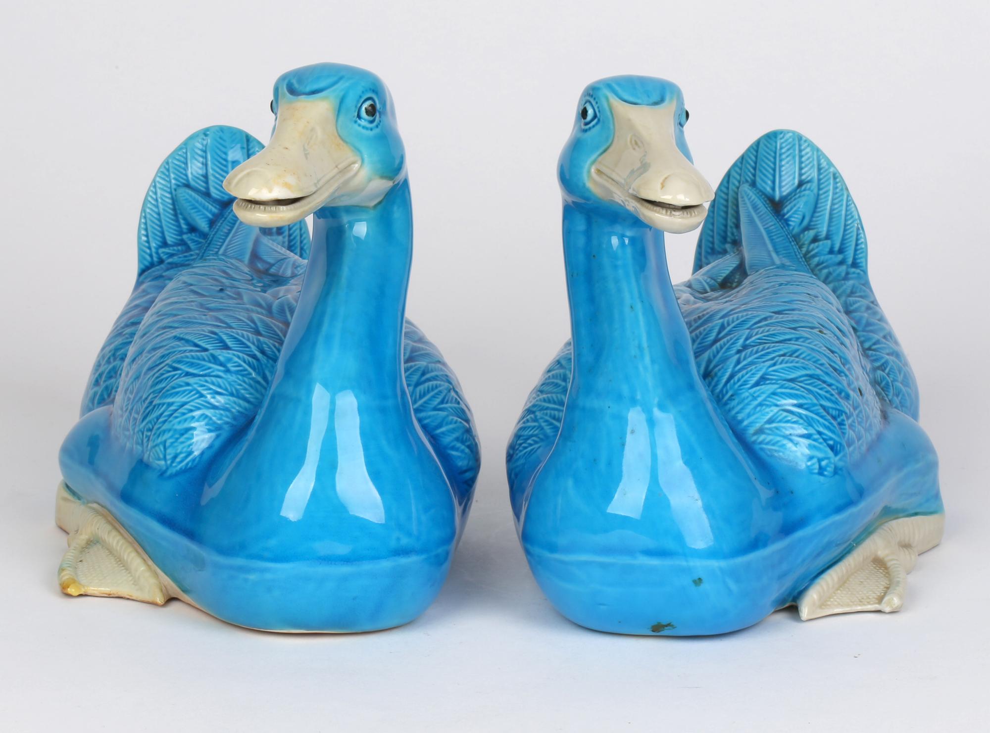 Chinese Stylish Pair Porcelain Turquoise Glazed Ducks In Good Condition In Bishop's Stortford, Hertfordshire