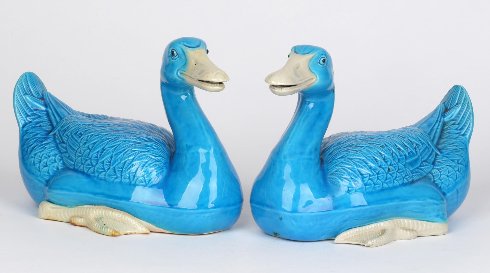 Chinese Stylish Pair Porcelain Turquoise Glazed Ducks 2