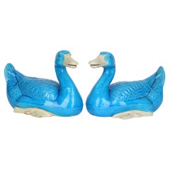 Vintage Chinese Stylish Pair Porcelain Turquoise Glazed Ducks