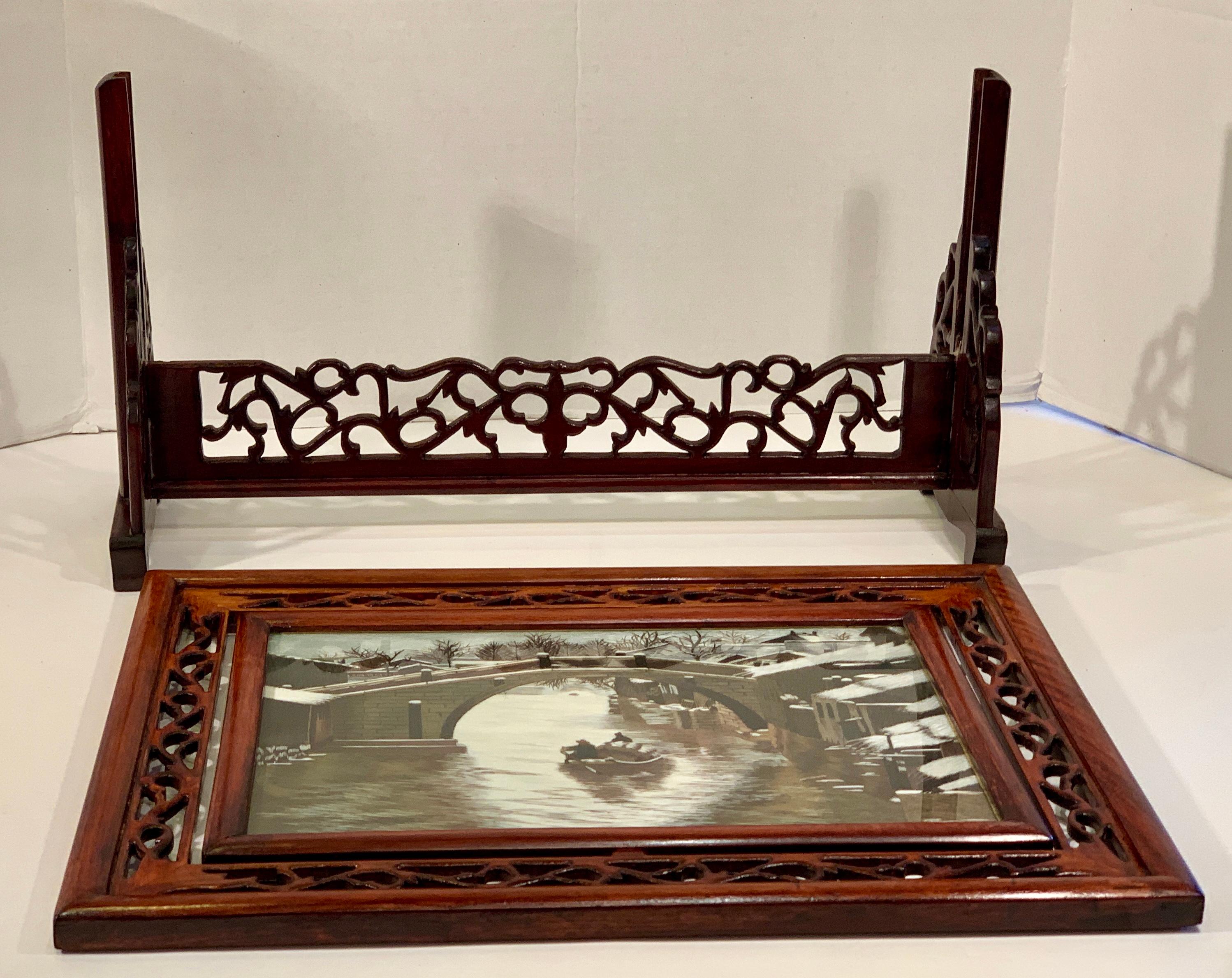 Chinese Su Double Sided Silk Embroidery Landscape Work of Art in Rosewood Frame 8
