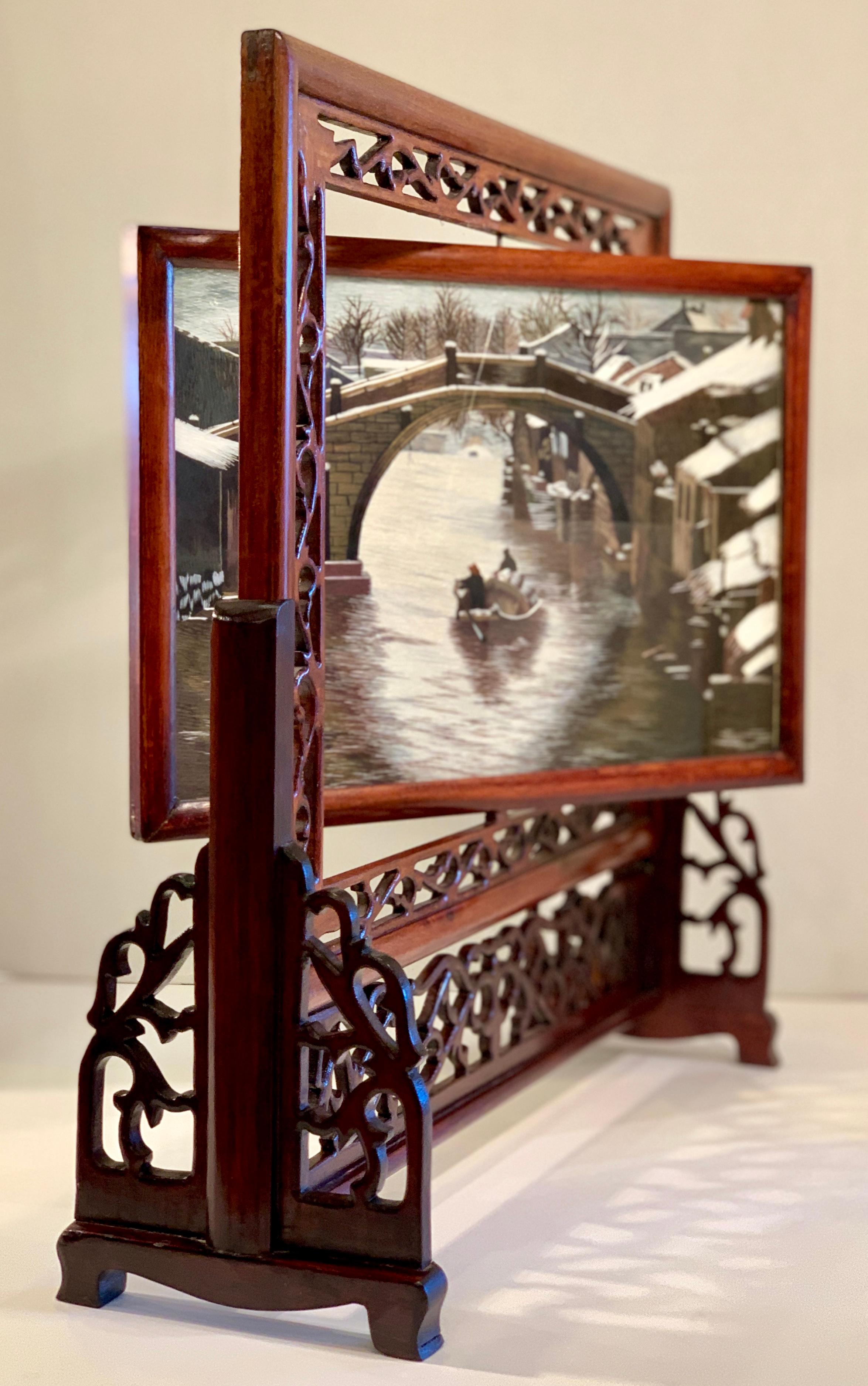 Hand-Carved Chinese Su Double Sided Silk Embroidery Landscape Work of Art in Rosewood Frame