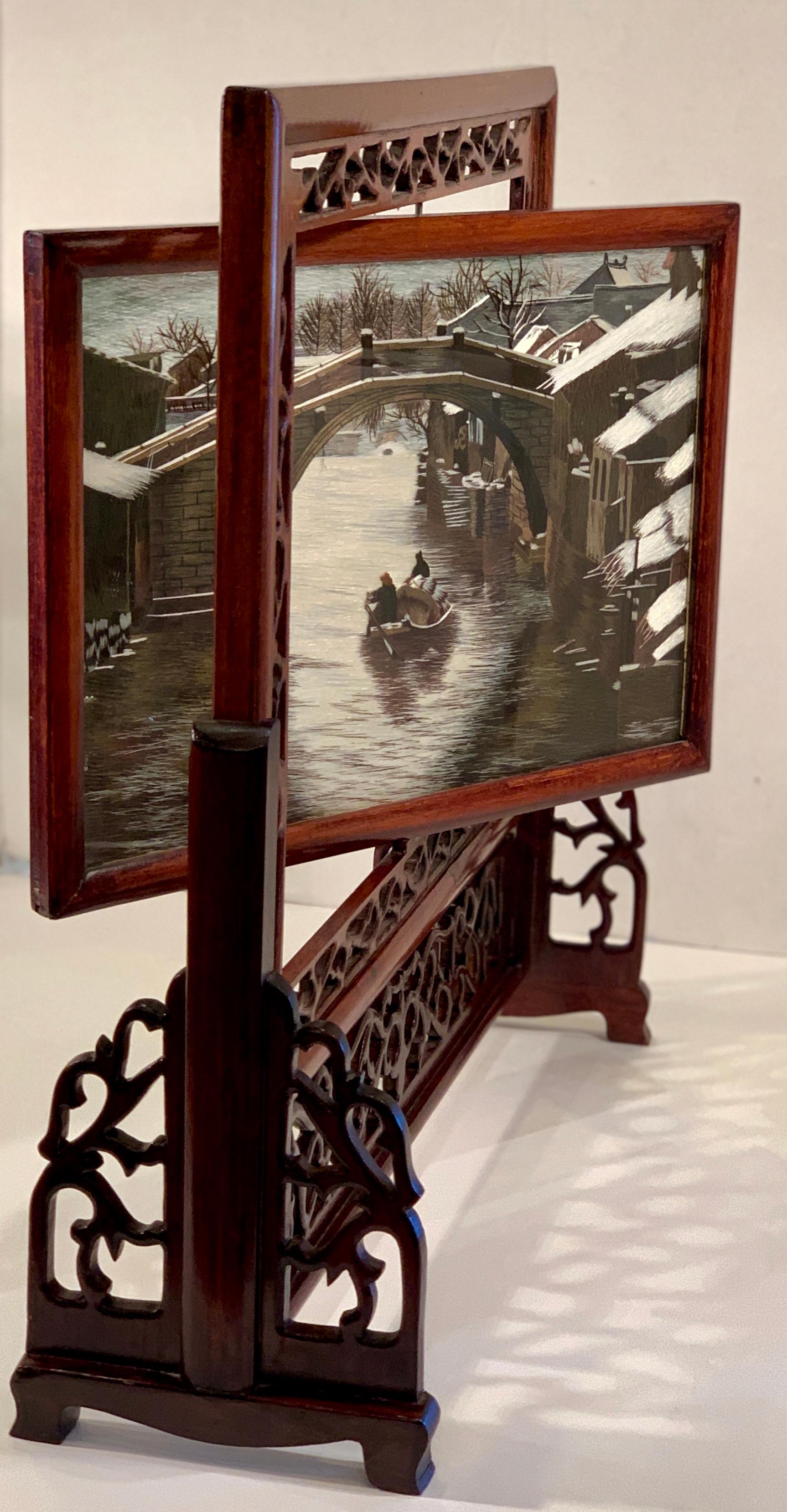 20th Century Chinese Su Double Sided Silk Embroidery Landscape Work of Art in Rosewood Frame