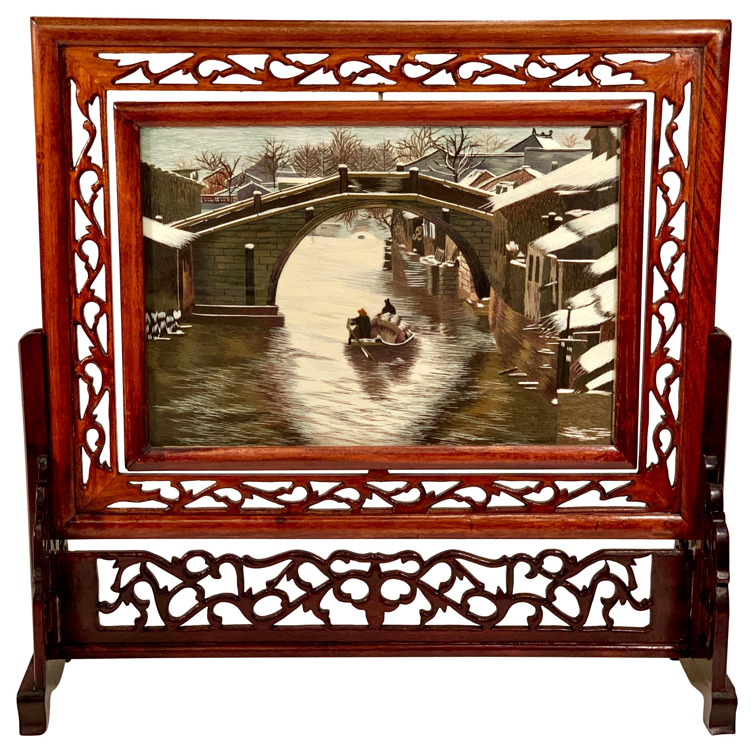 Chinese Su Double Sided Silk Embroidery Landscape Work of Art in Rosewood Frame