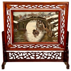 Vintage Chinese Su Double Sided Silk Embroidery Landscape Work of Art in Rosewood Frame