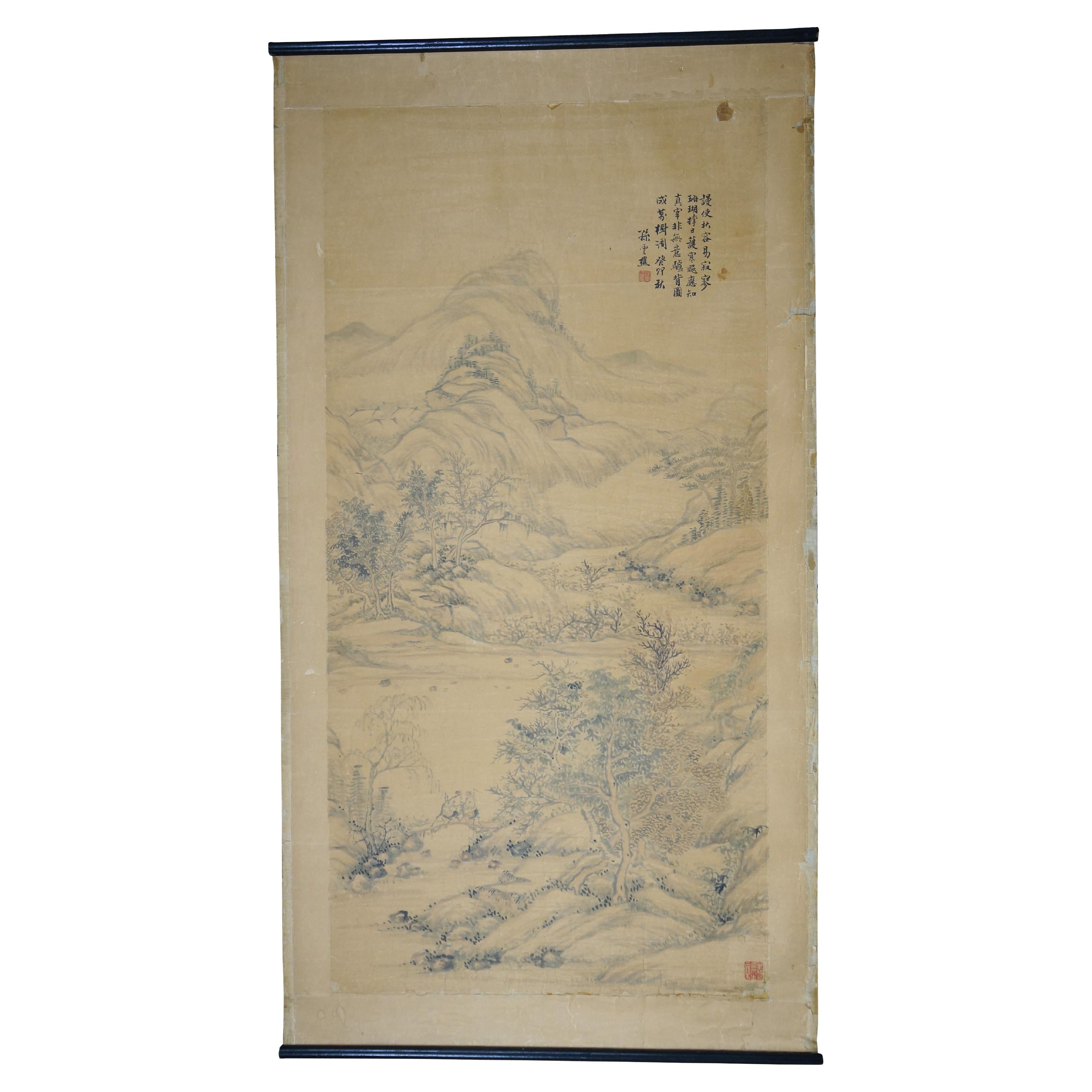 China Sun Yunqiao 孫雲樵 Paisaje otoñal de montaña Pintura en pergamino de seda 59" en venta