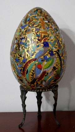 Chinese Supper Large Cloisonné Enamel Egg "Hundred Birds" with Bronze Stand
