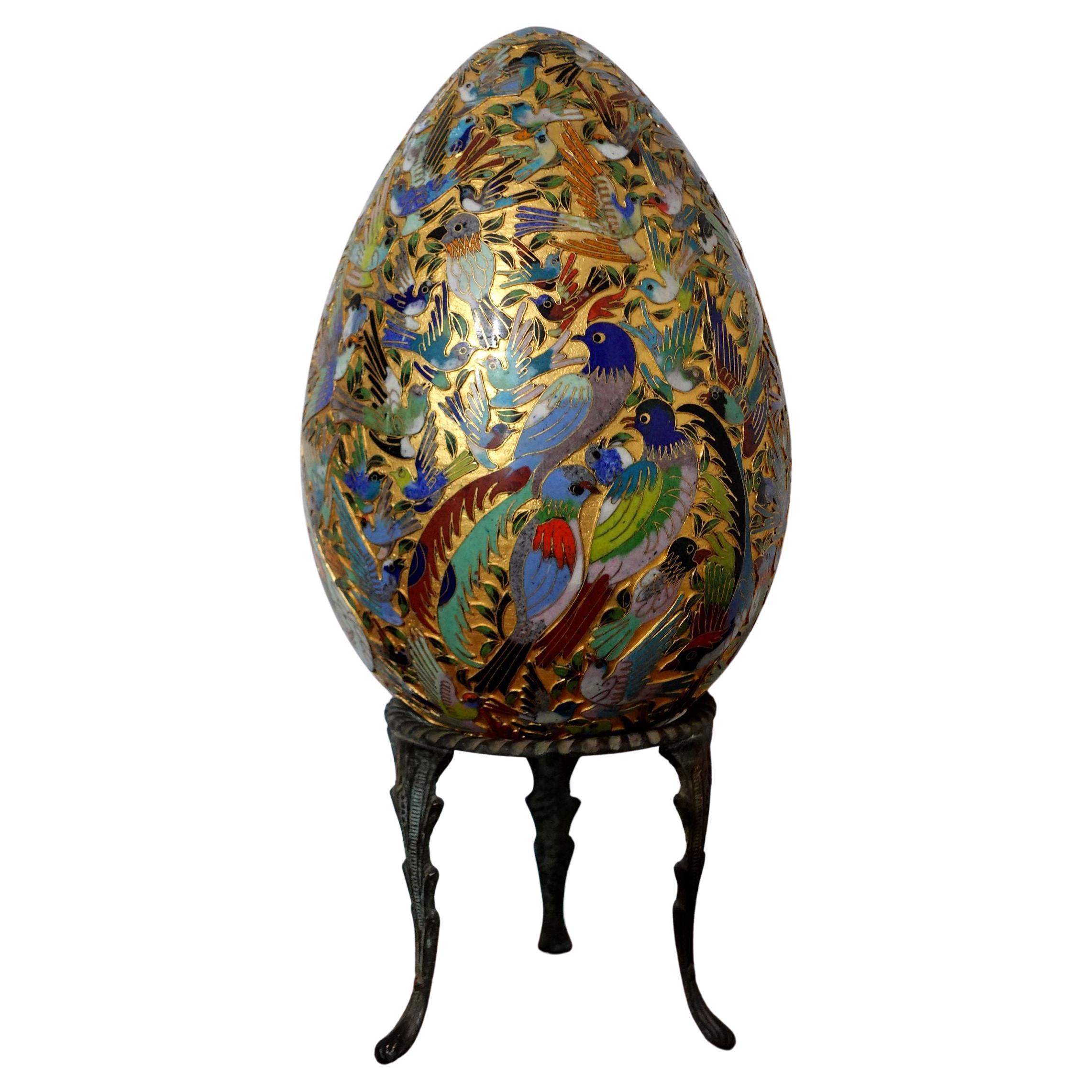 Chinese Supper Large Cloisonné Enamel Egg "Hundred Birds" with Bronze Stand For Sale