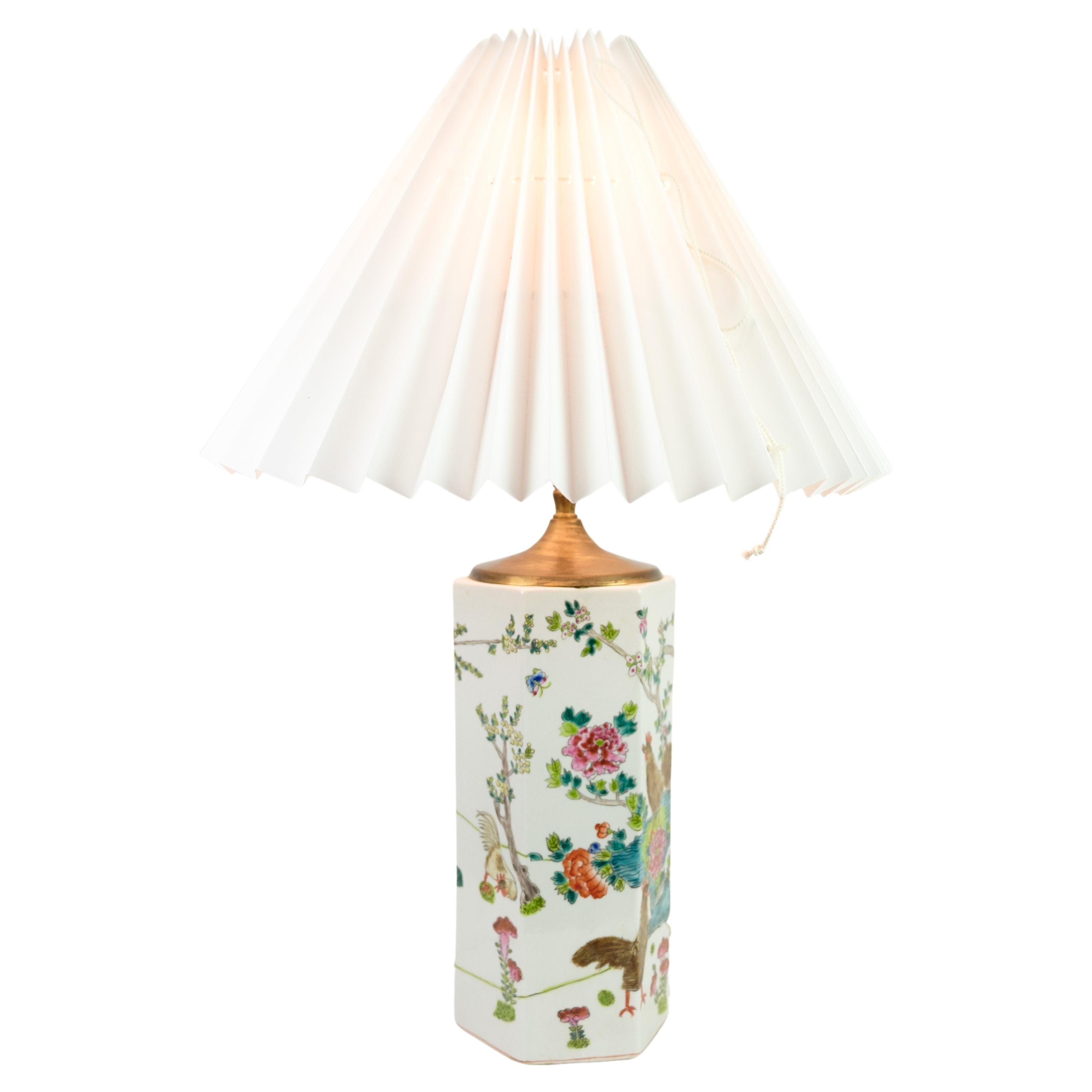 Chinese Table Lamp Made In Porcelain With White Shade From 1920s For Sale