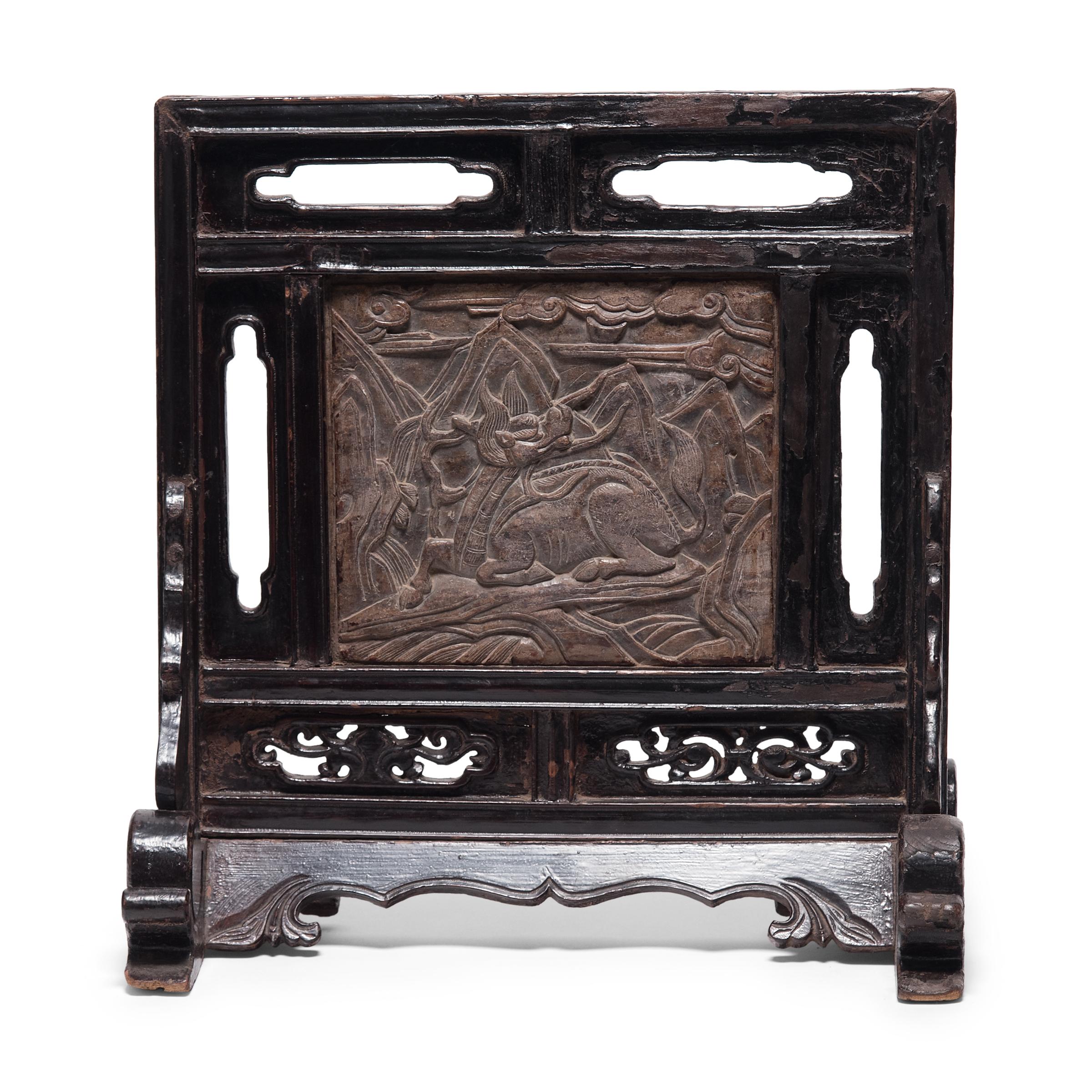 Qing Chinese Table Screen with Soapstone Panel, circa 1850 For Sale