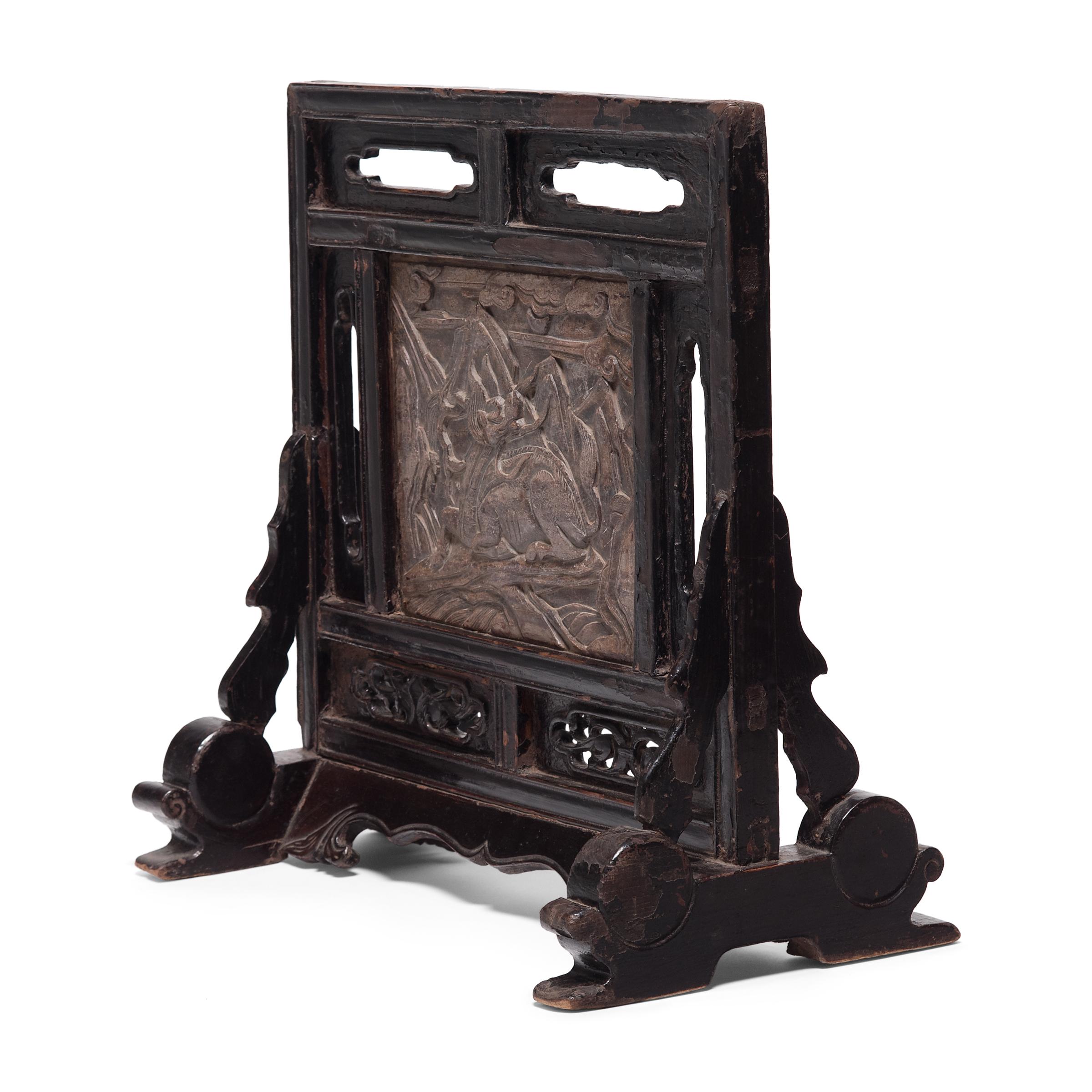 Carved Chinese Table Screen with Soapstone Panel, circa 1850 For Sale