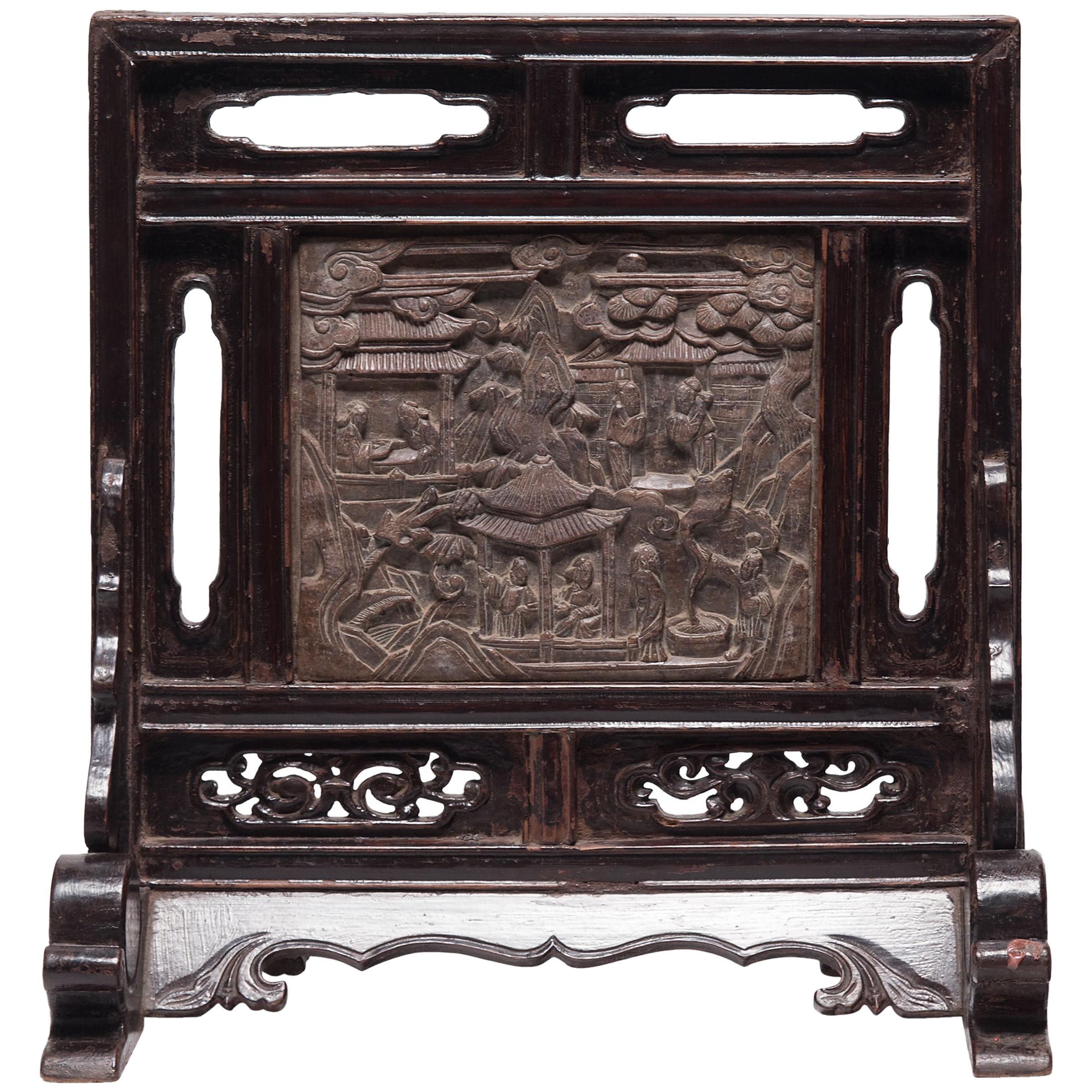 Chinesischer Tischschirm mit Specksteinplatte, um 1850 im Angebot