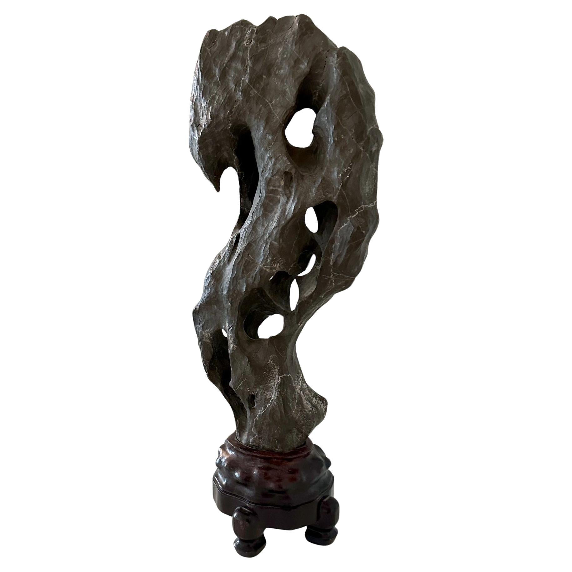 Chinese Taihu Scholar Stone on Display Stand For Sale