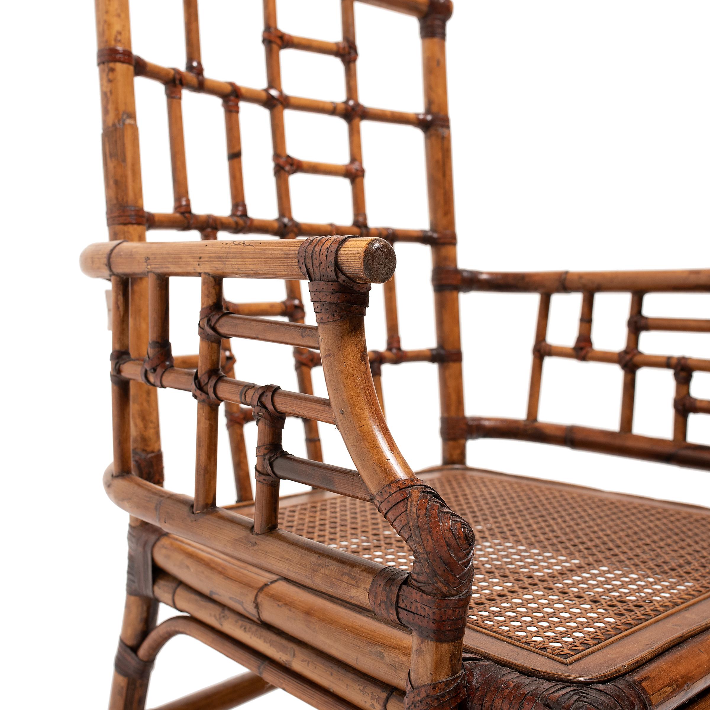 Leather Chinese Tall Back Bamboo Armchair