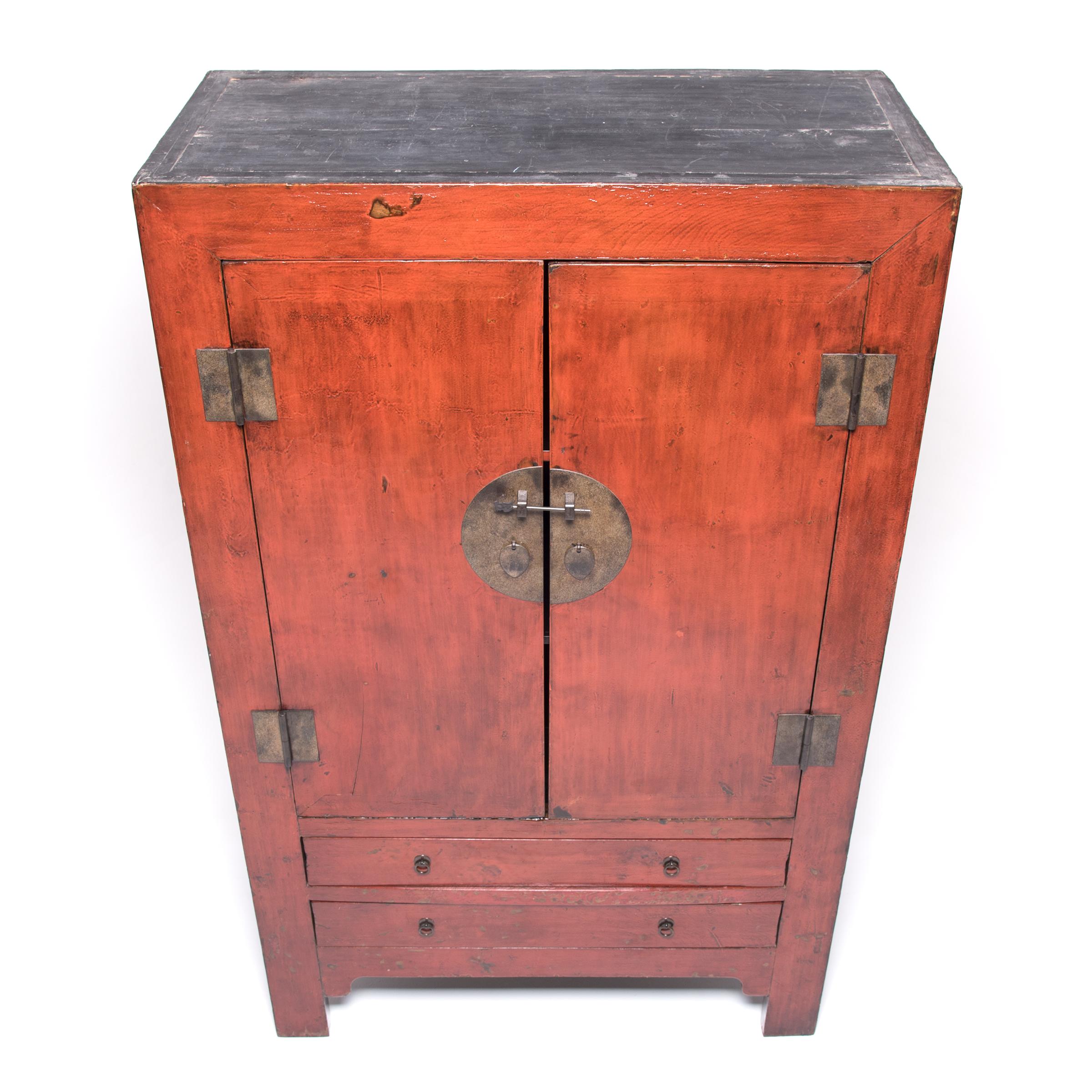 Brass Chinese Tall Lacquered Dowry Cabinet