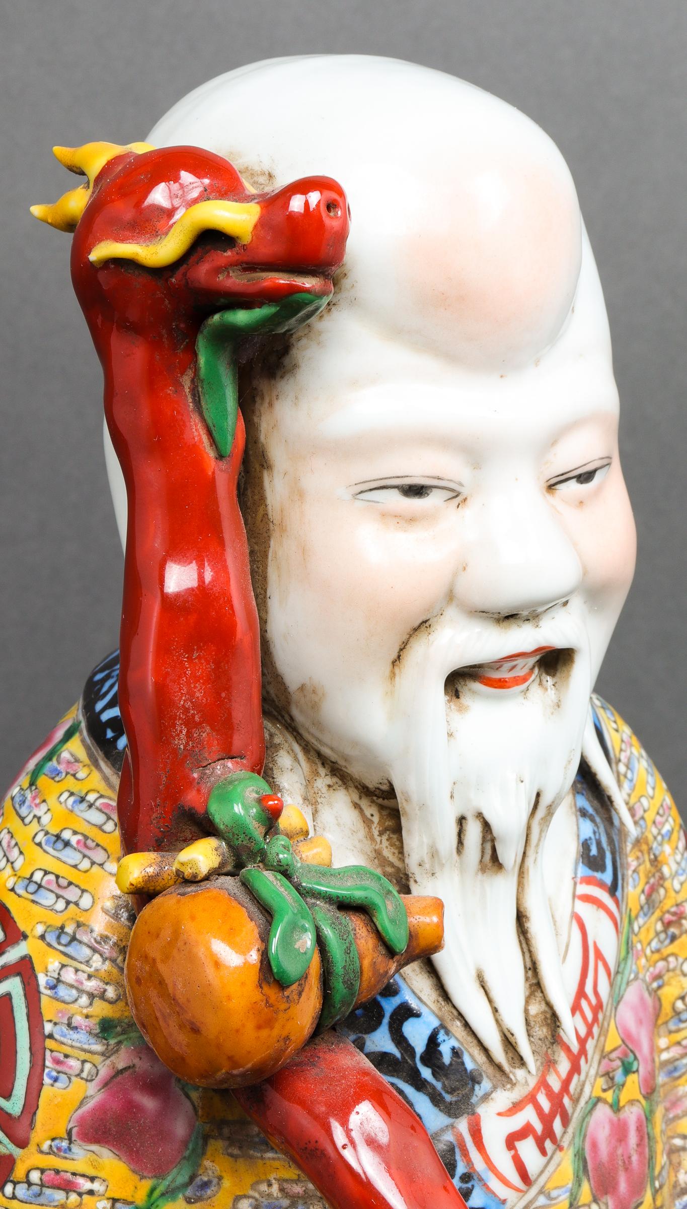 Chinese Export Chinese Tall Polychrome Ceramic Glazed Figure of Shou-Lao