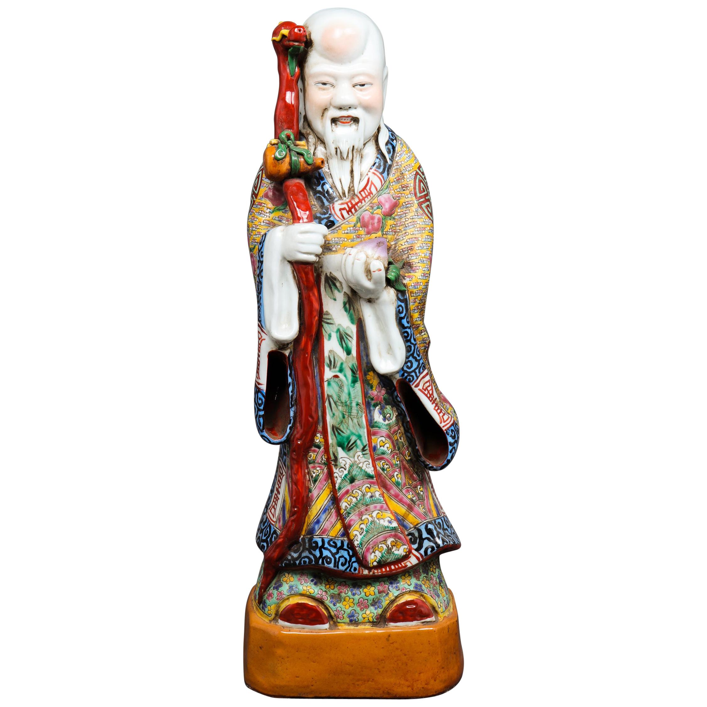 Chinese Tall Polychrome Ceramic Glazed Figure of Shou-Lao