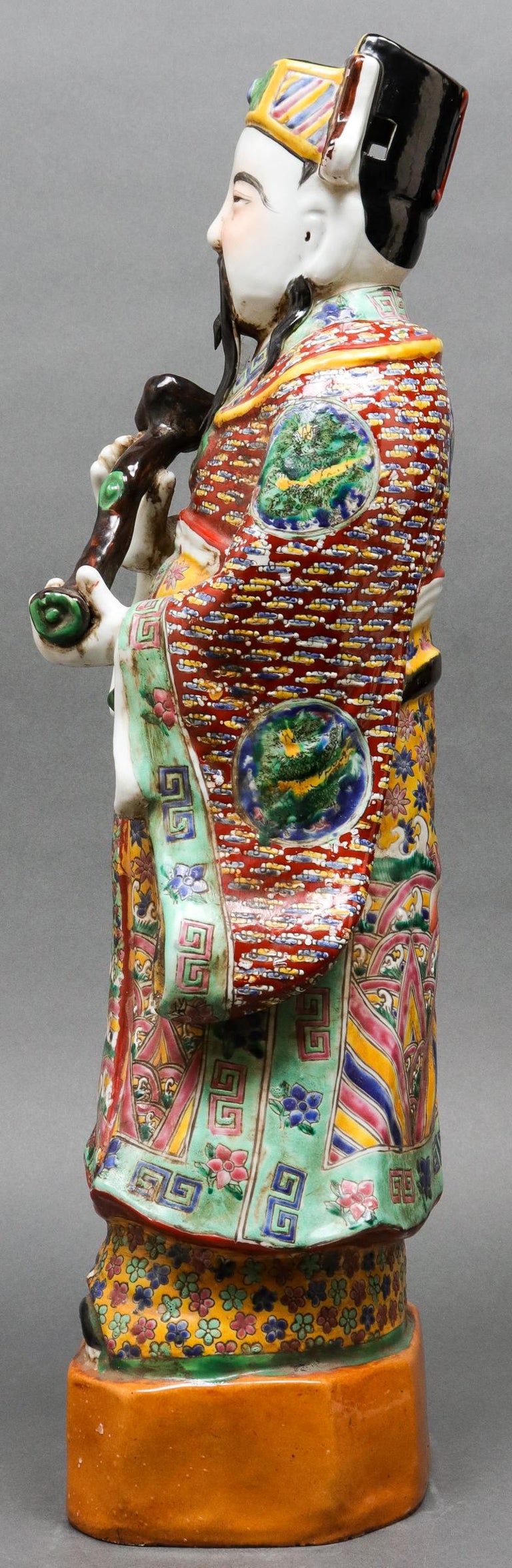 Chinese Tall Polychrome Ceramic Glazed Immortal Lu Figure In Good Condition For Sale In New York, NY
