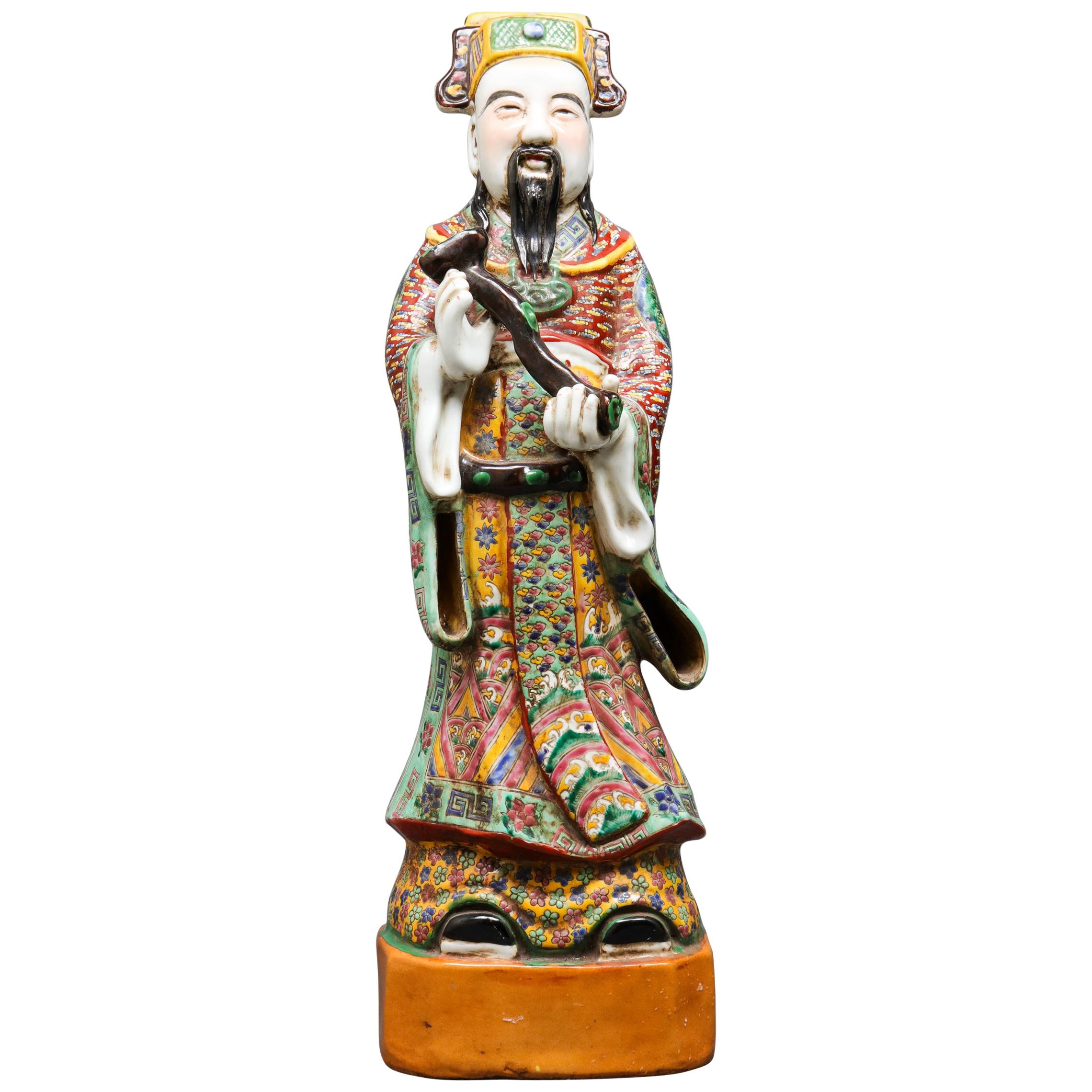 Grande figure immortelière chinoise en céramique émaillée polychrome en forme de Lu
