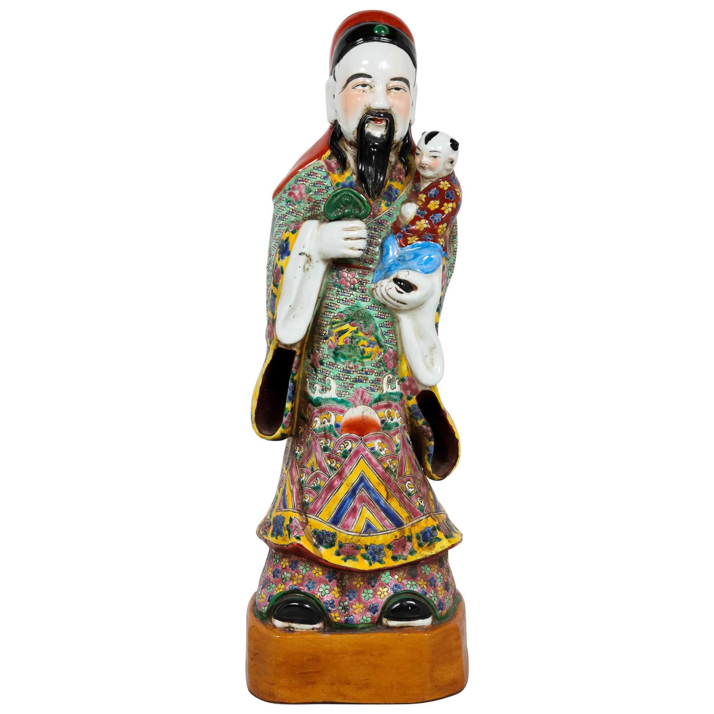 Grande figure immortelière chinoise en céramique émaillée polychrome