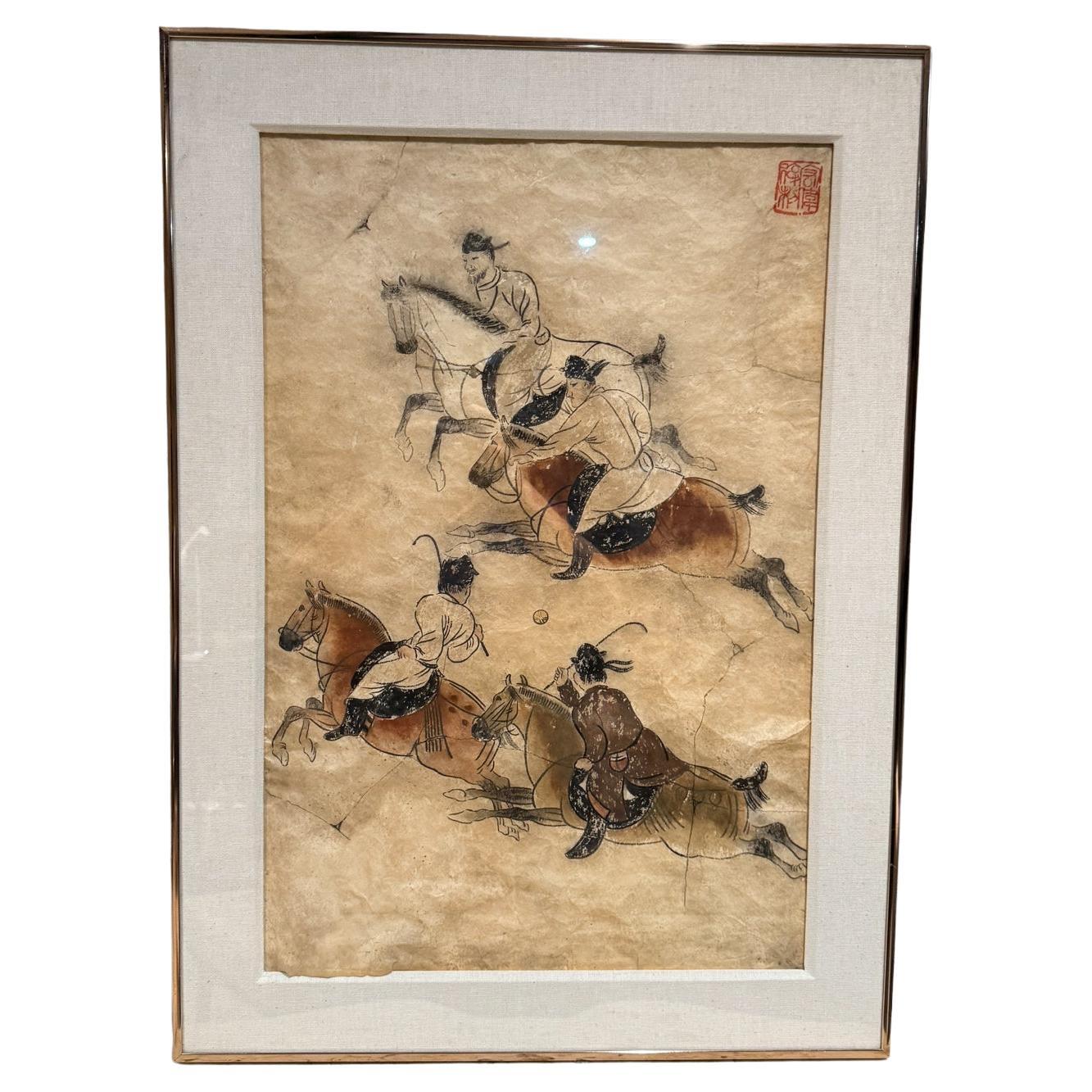 Chinesische Tang Dynasty Polo Spieler Tinte waschen Kunst auf handgeschöpftem Papier