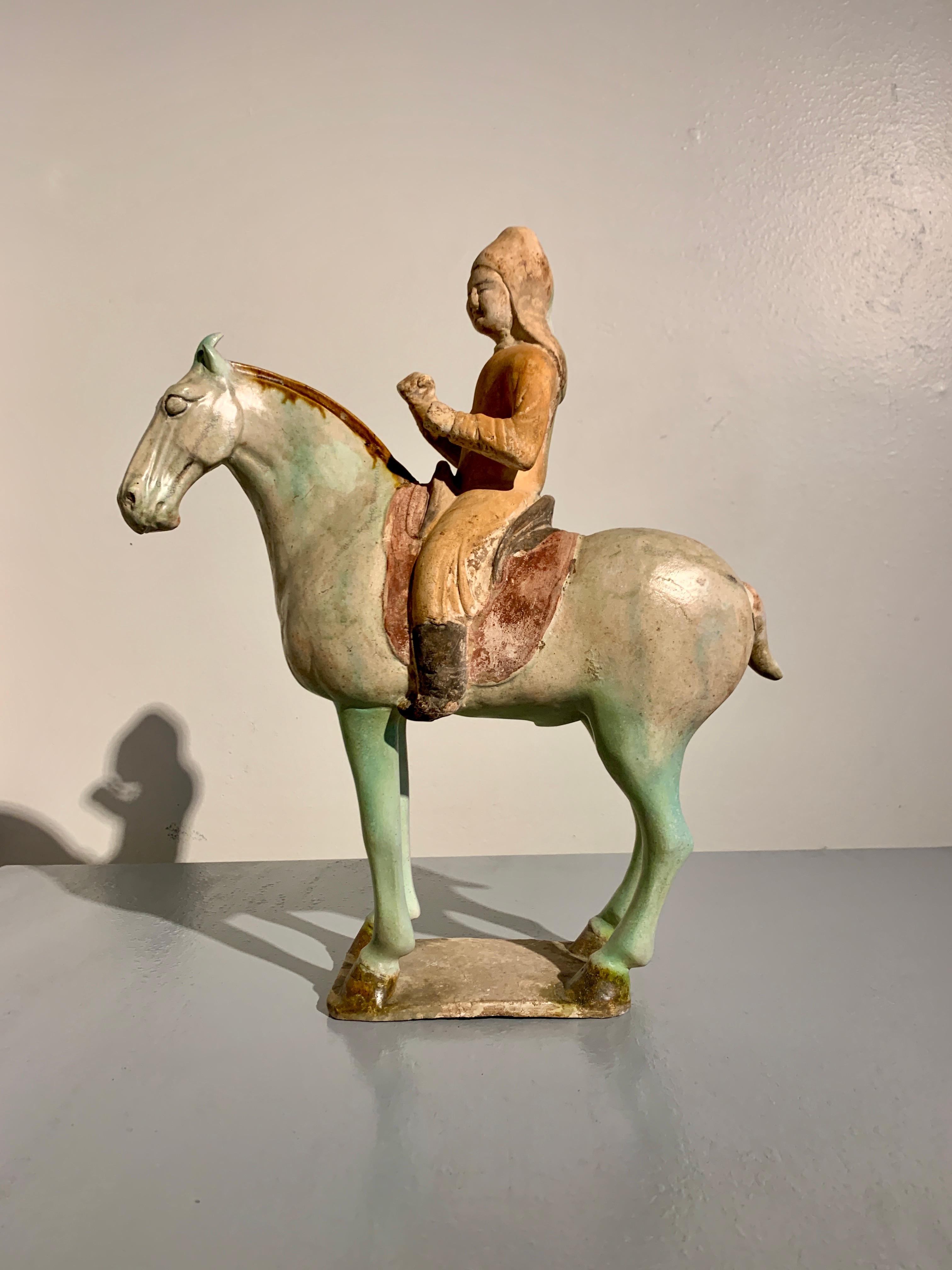 Chinese Tang Dynasty Sancai Glazed Horse and Rider, TL Tested, China In Good Condition For Sale In Austin, TX