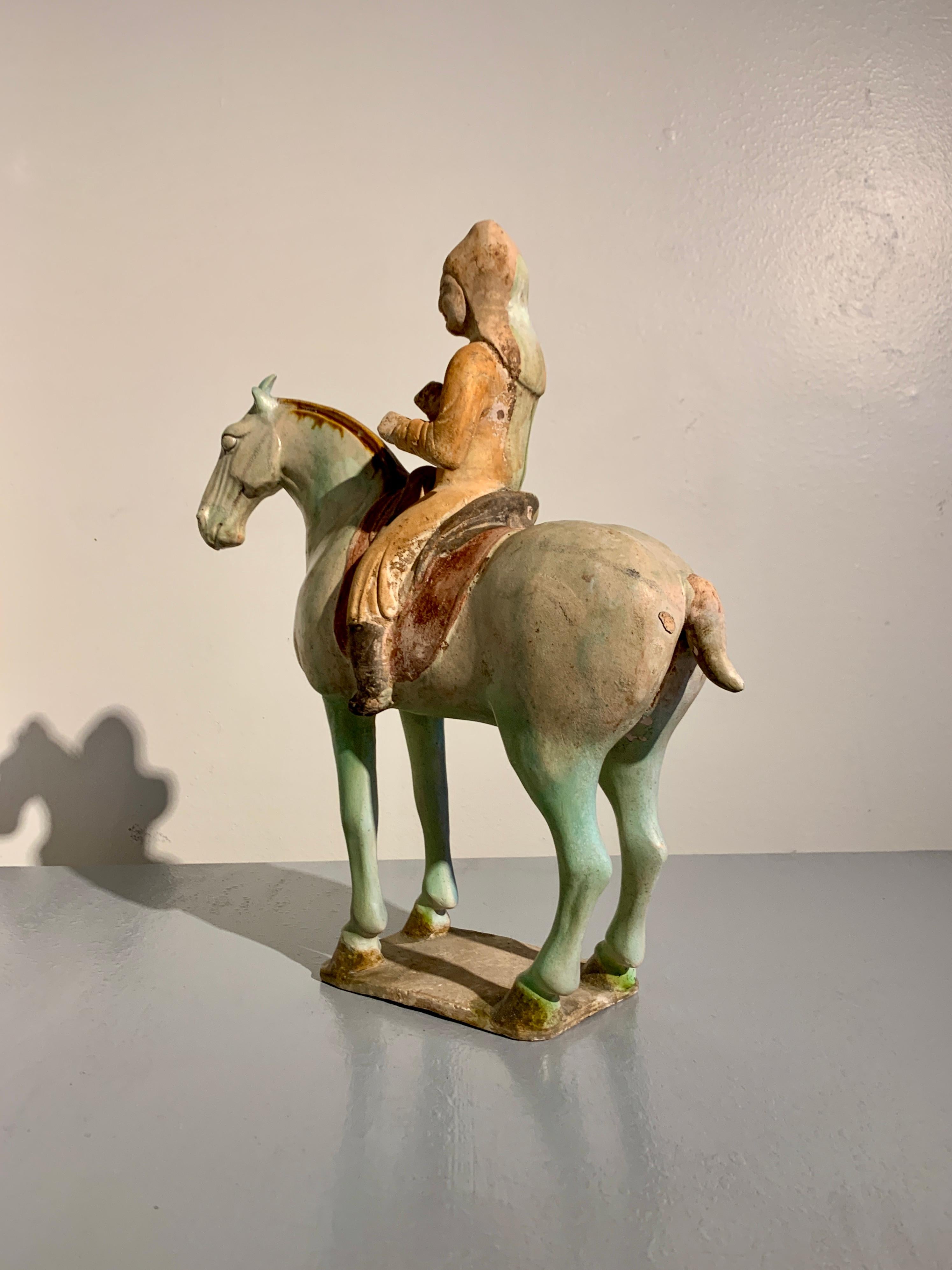 18th Century and Earlier Chinese Tang Dynasty Sancai Glazed Horse and Rider, TL Tested, China For Sale