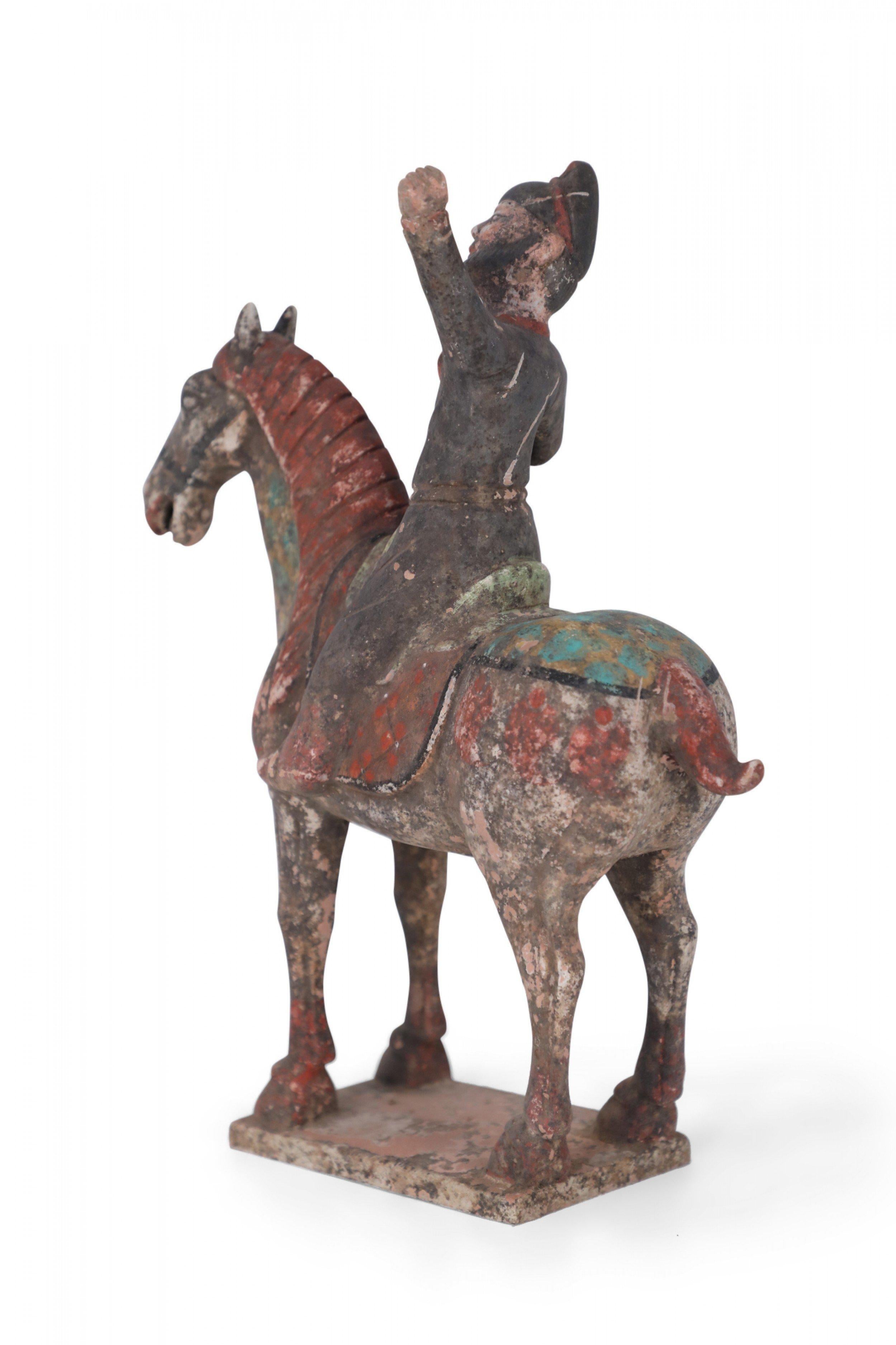 20th Century Chinese Tang Dynasty-Style Man and Horse Terra Cotta Tomb Figure For Sale