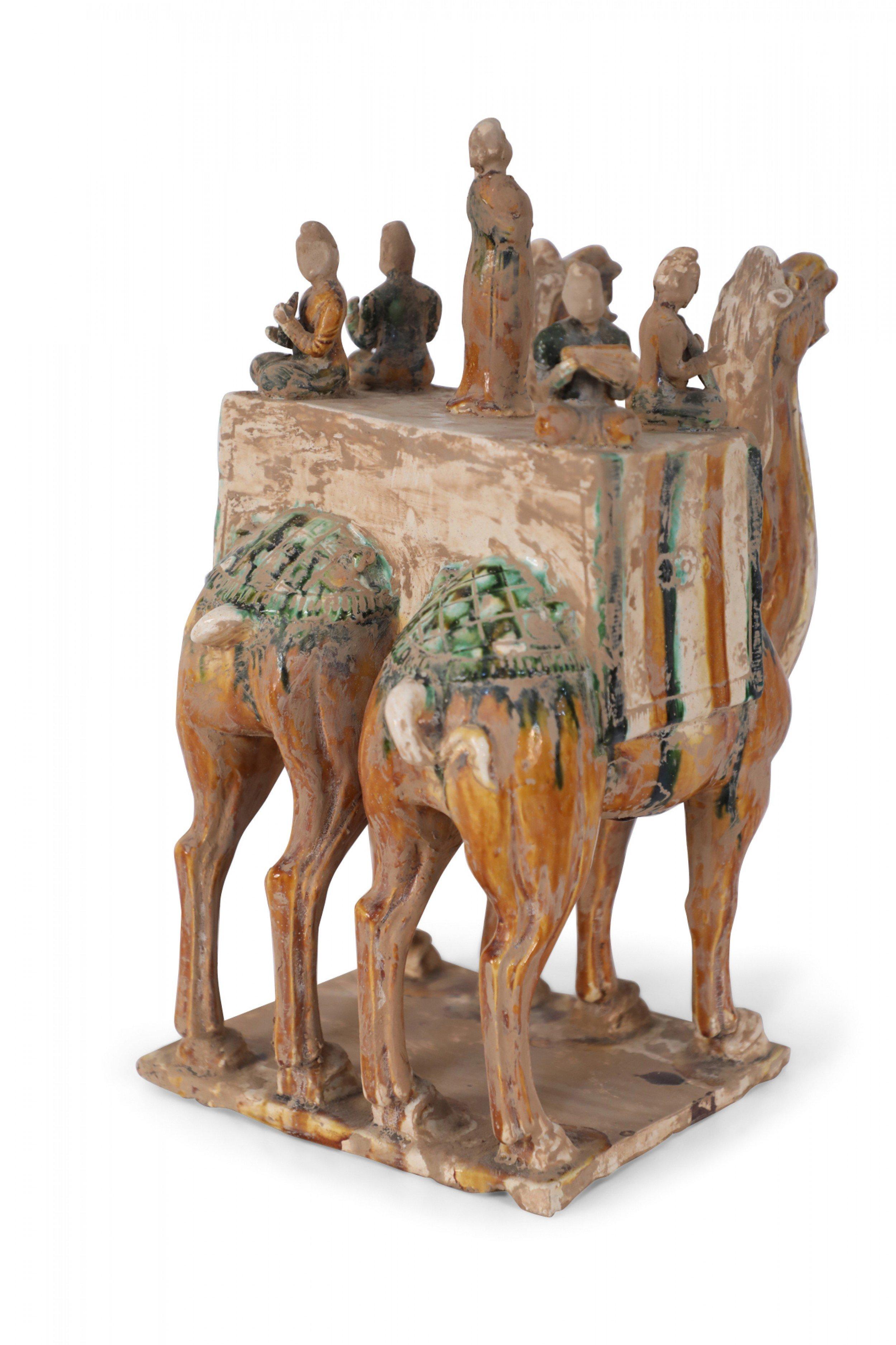 Chinese Tang Dynasty-Style Sancai Glazed Camels with Musicians Tomb Figure In Good Condition For Sale In New York, NY
