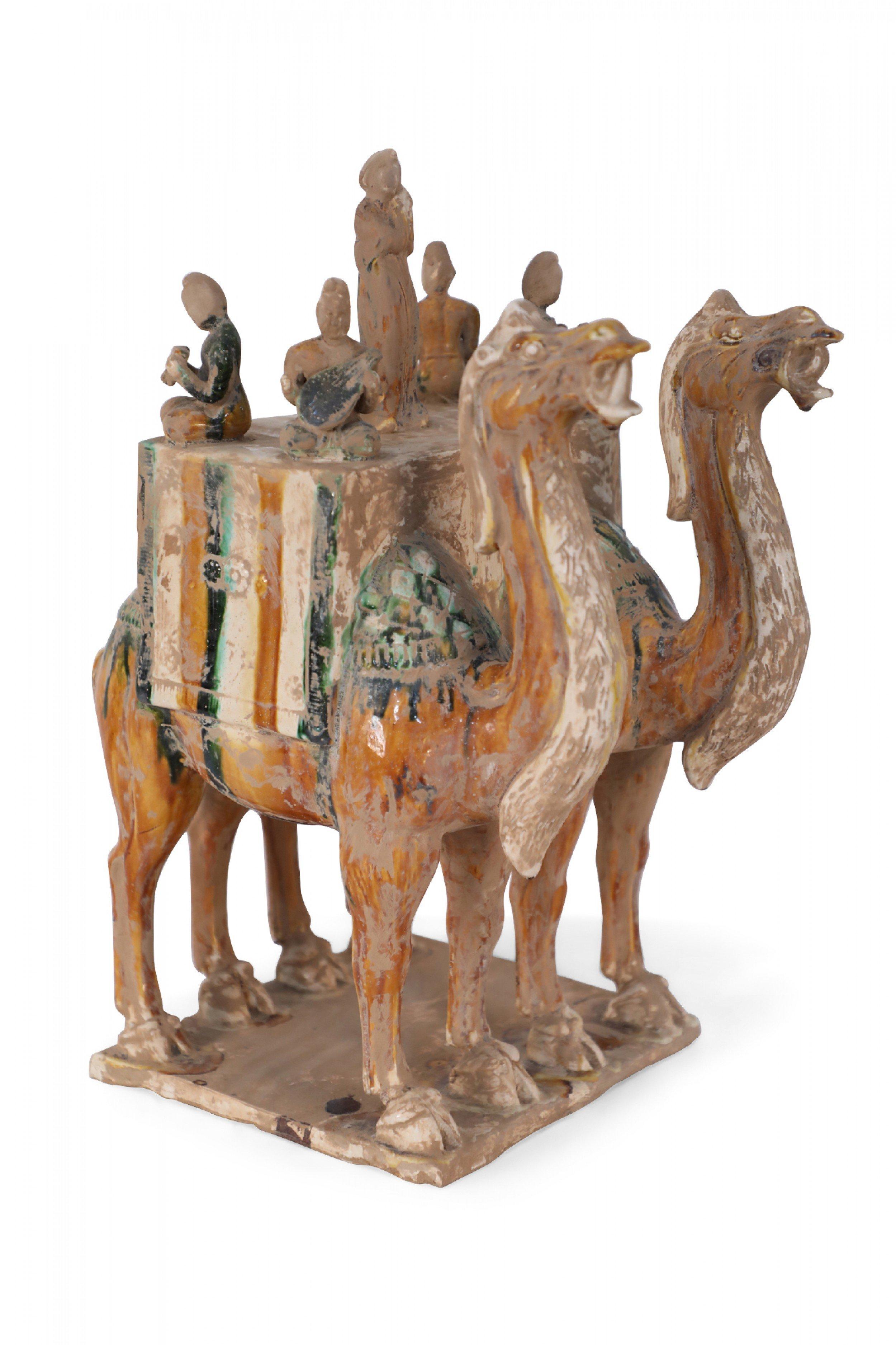 Terracotta Chinese Tang Dynasty-Style Sancai Glazed Camels with Musicians Tomb Figure For Sale
