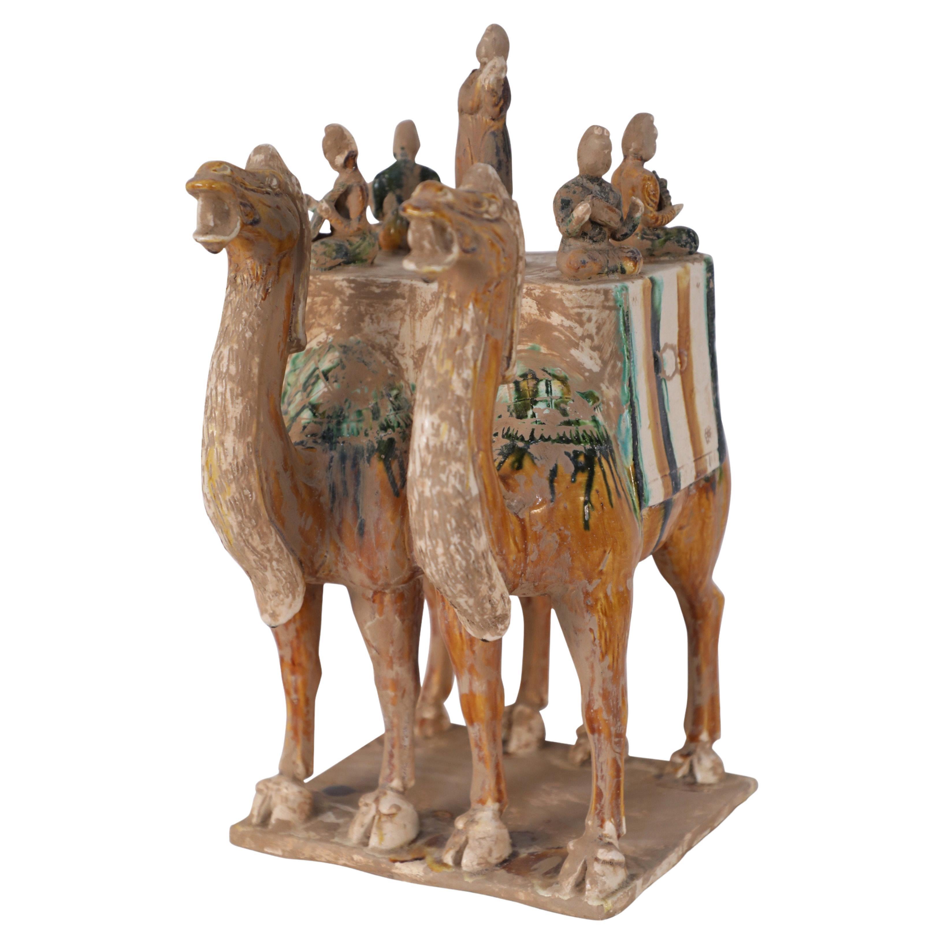 Chinese Tang Dynasty-Style Sancai Glazed Camels with Musicians Tomb Figure For Sale