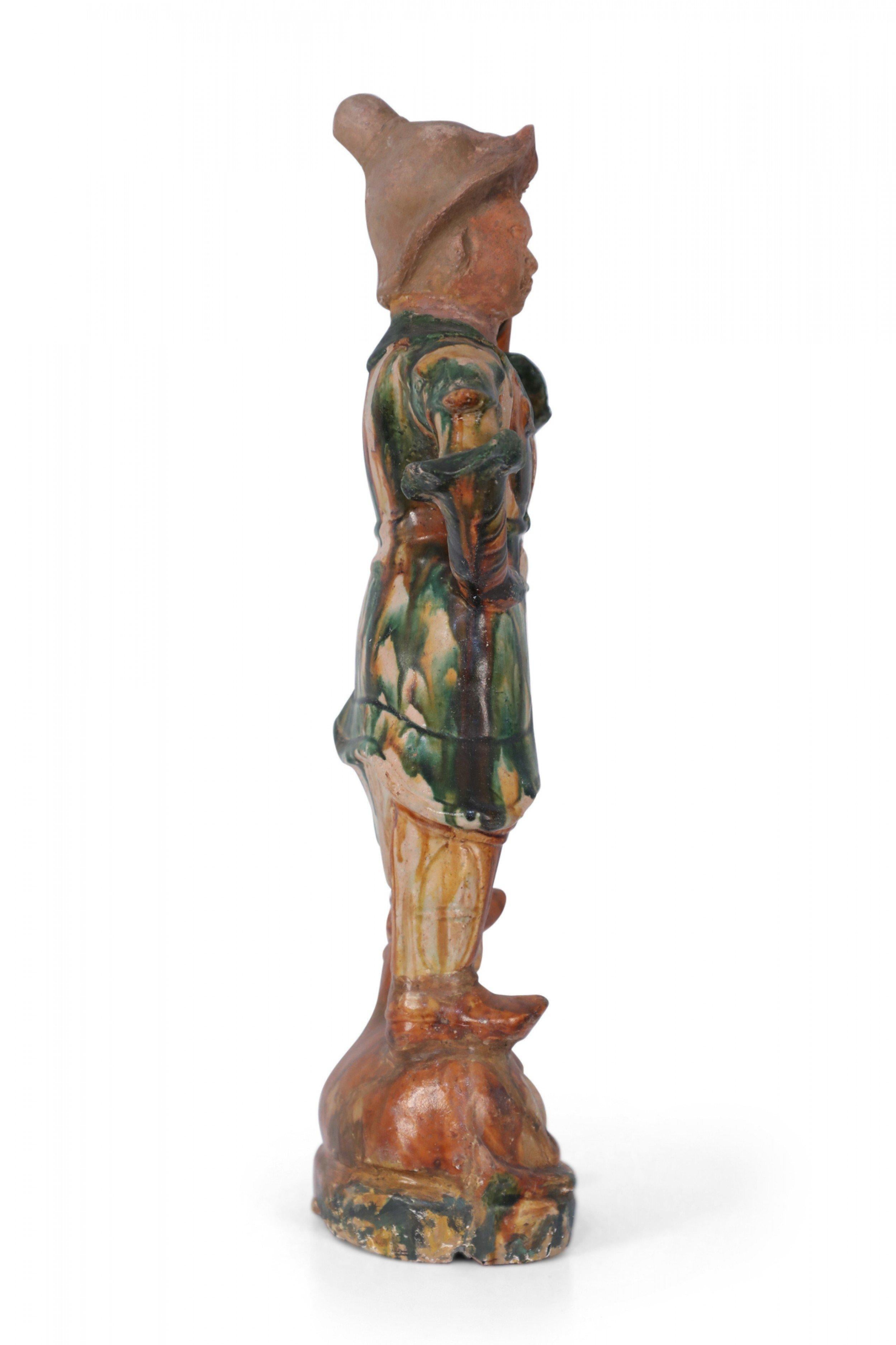 Terracotta Chinese Tang Dynasty-Style Sancai Glazed Terra Cotta Tomb Guardian For Sale